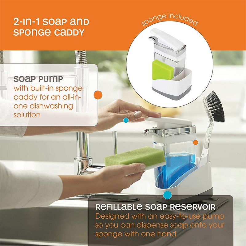 Casabella 8550086 Hand Pump Sink Sider Solo with Sponge and Chrome Plating for Daily Handwashing in the Kitchen, Bathroom, or Laundry Room, White