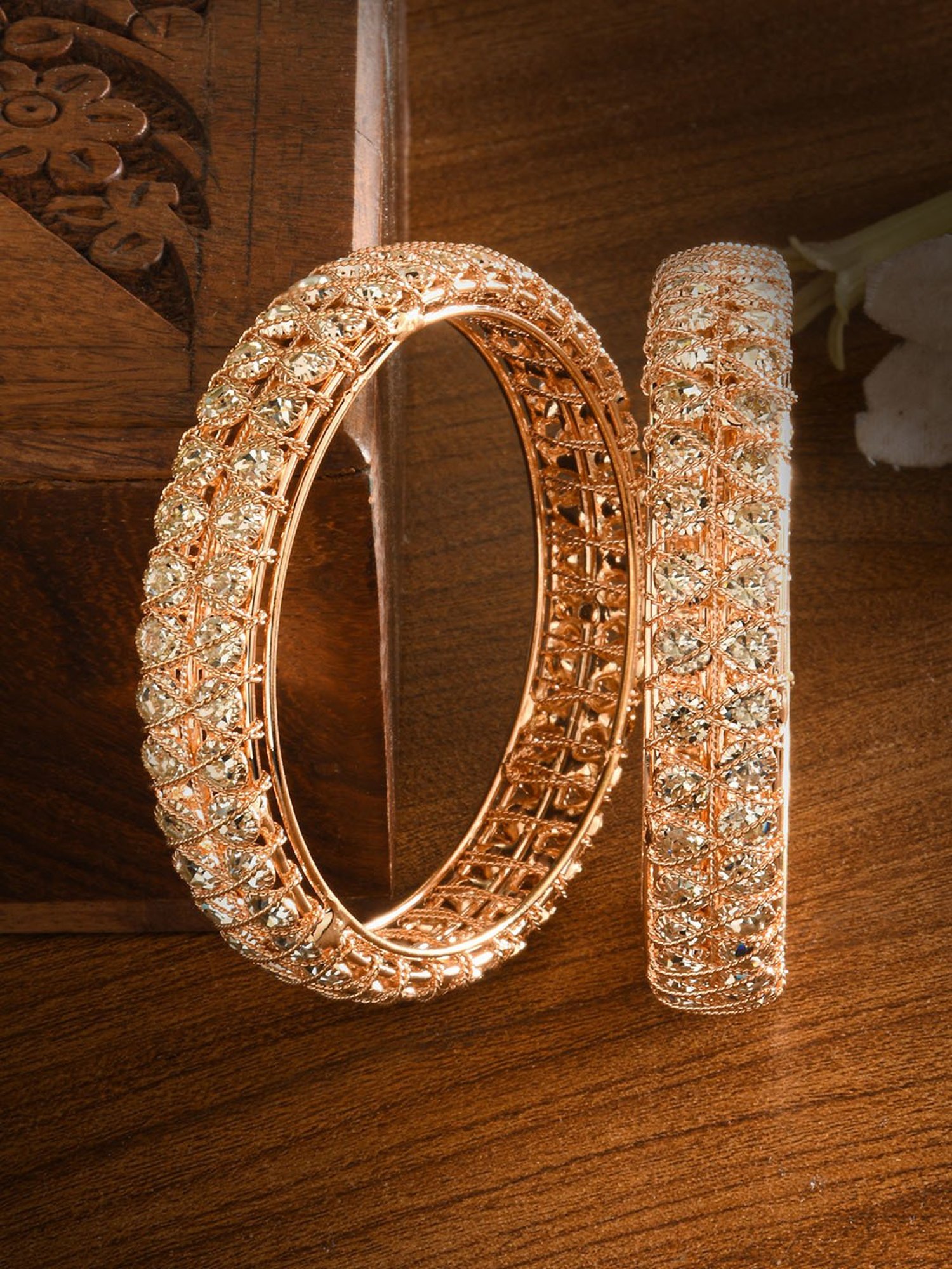 Fida Luxurious American Diamond Classic Gold-Plated Bangle for Women - Set of 2