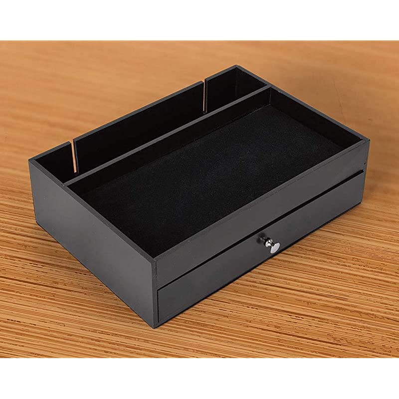 Valet Drawer Charging Station Black Nightstand Organizer Wallet and Key Tray Holds Watches Jewelry Tablet 5 Compartment Cell Phone Holder for Men and Women