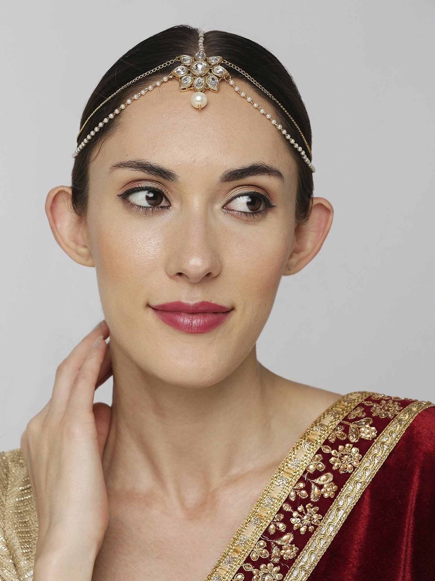 Oomph Gold Tone Kundan and Pearls Floral Traditional Matha Patti