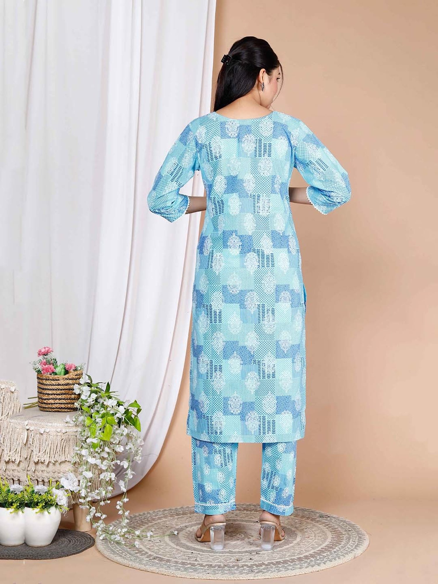 Miravan Blue Printed Kurta With Palazzo & Dupatta