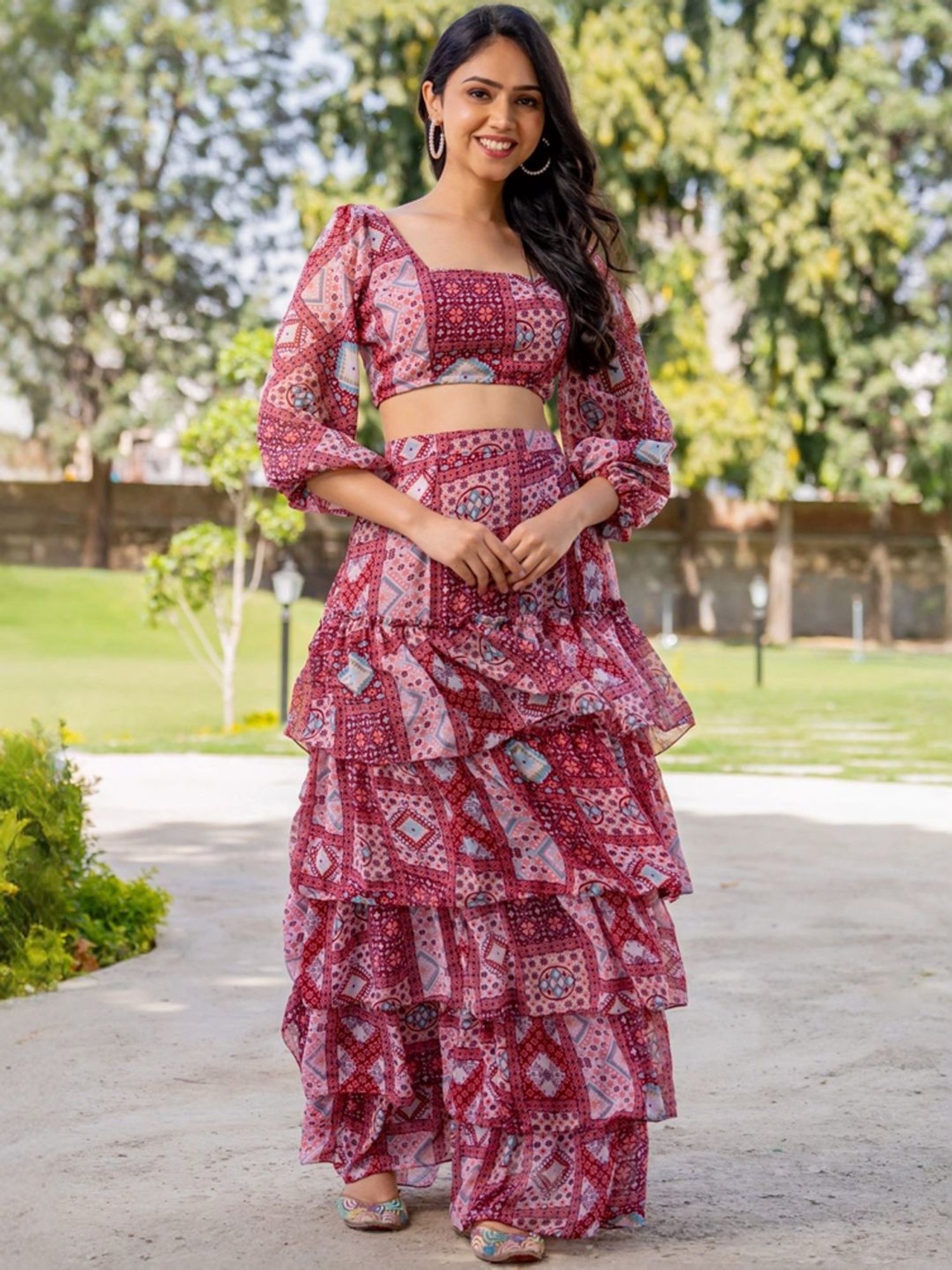 HOUSE OF JAMOTI Purple Printed Crop Top Skirt Set