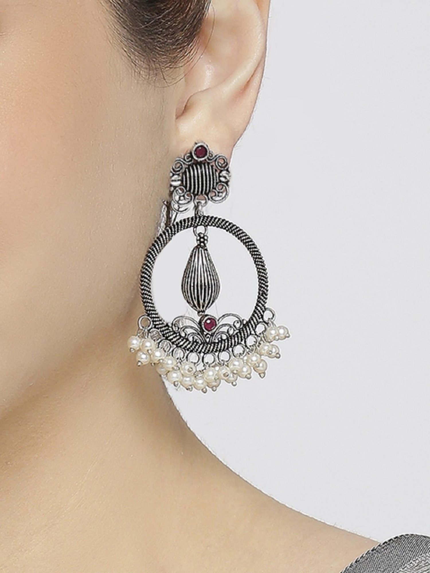 OOMPH Jewellery Oxidized Silver Look Alike Maroon Stone Round Floral Ethnic Dangler
