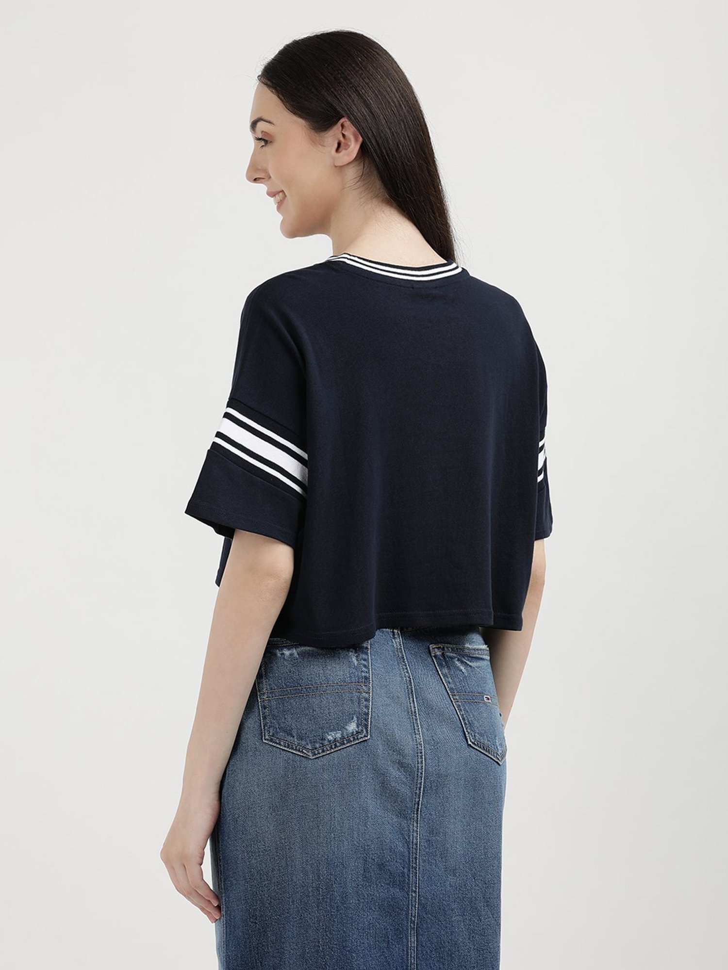 TOMMY HILFIGER Navy Embroidered Crop T-Shirt