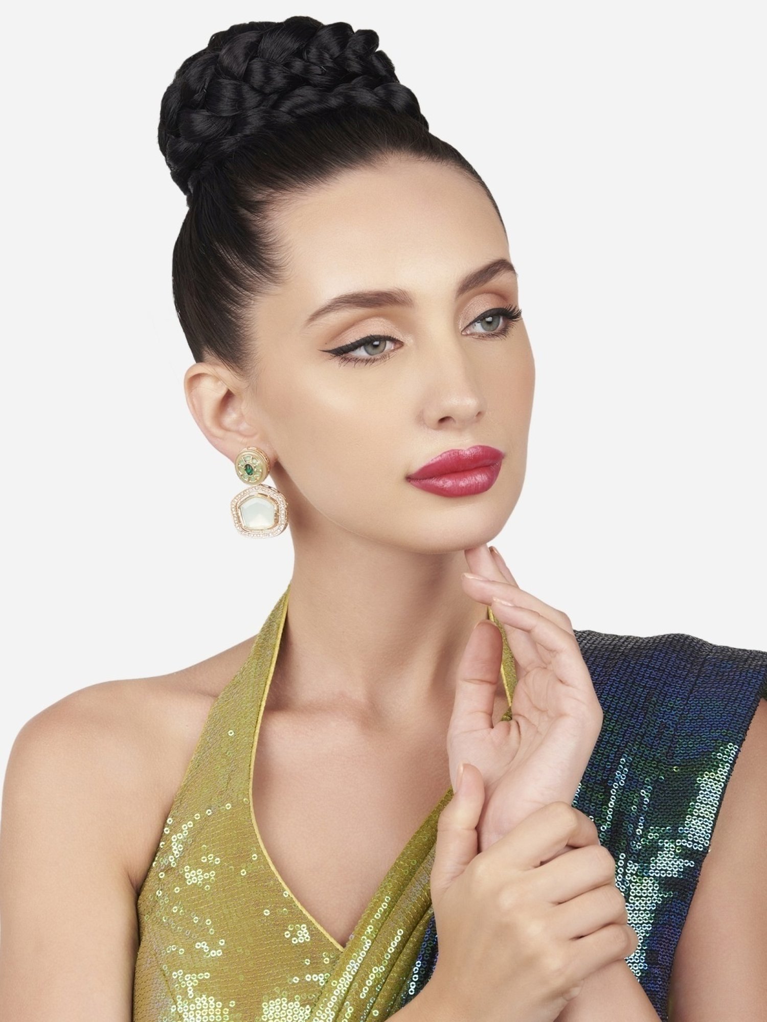 Zaveri Pearls Mint Green Stones & Dazzling Austrian Diamond Drop Earrings-ZPFK16188