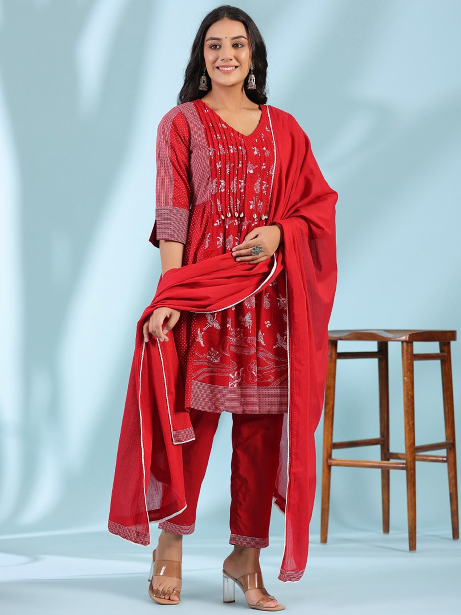 Juniper Red Ethnic Motif Cotton Voile Kurta With Pant & Dupatta With Pintucks At Front & Beadwork
