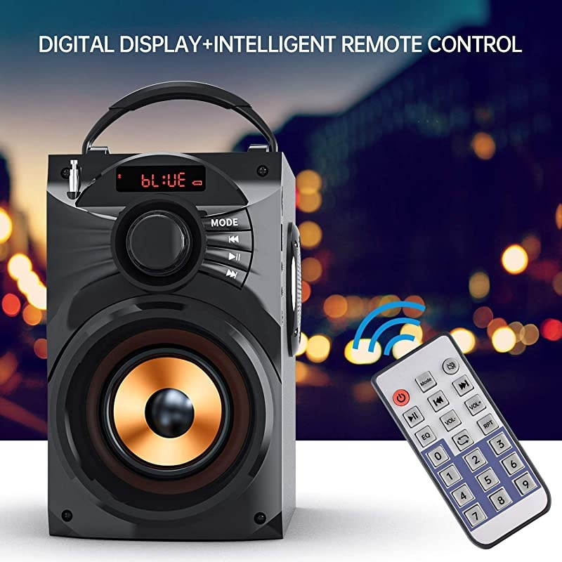Portable Bluetooth Speakers Subwoofer Heavy Bass Wireless OutdoorIndoor Party Speaker Line in Speakers Support Remote Control FM Radio TF Card LCD Display for Home Party Phone Black
