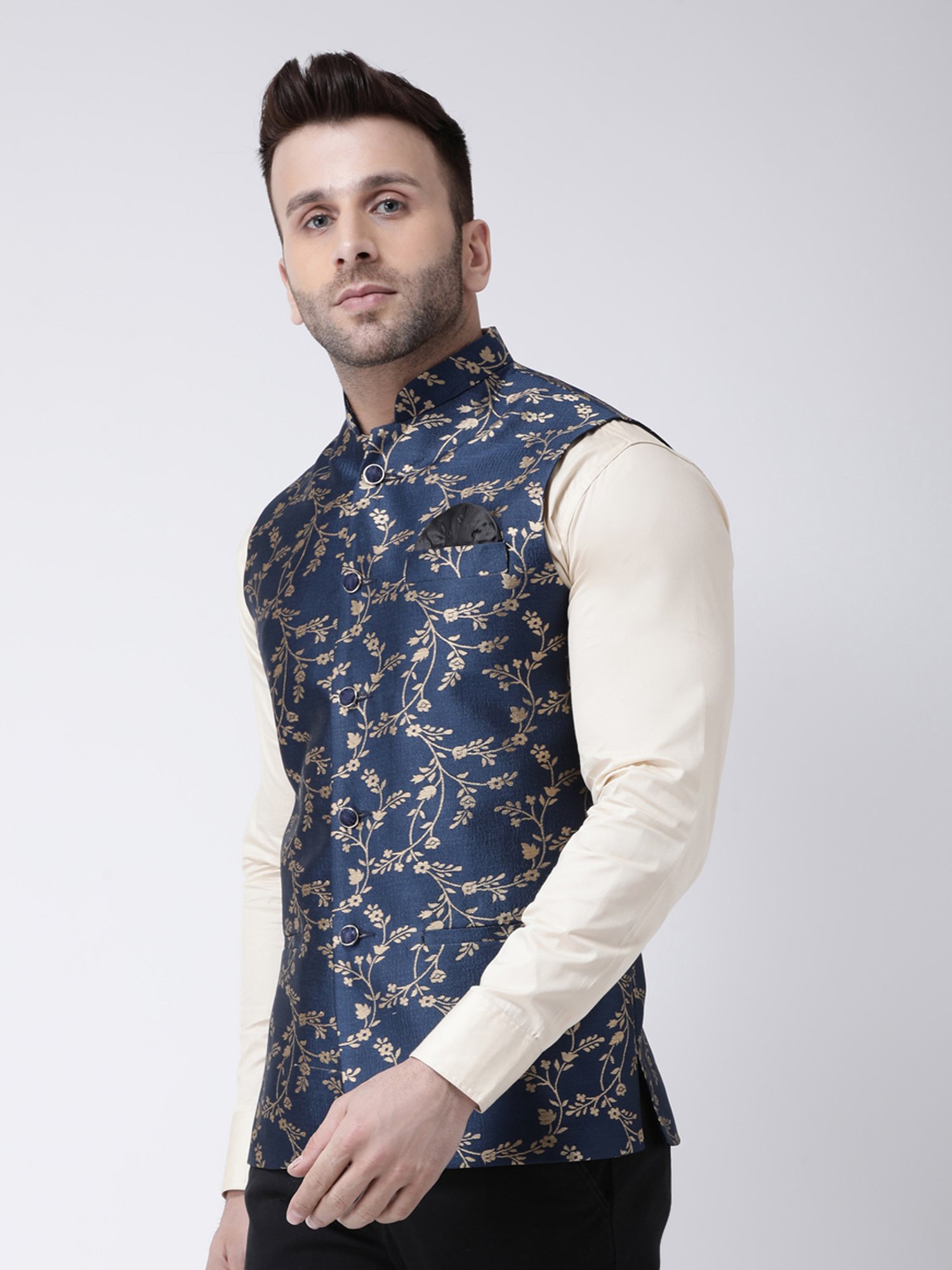 Hangup Plus Navy Regular Fit Jacquard Nehru Jacket