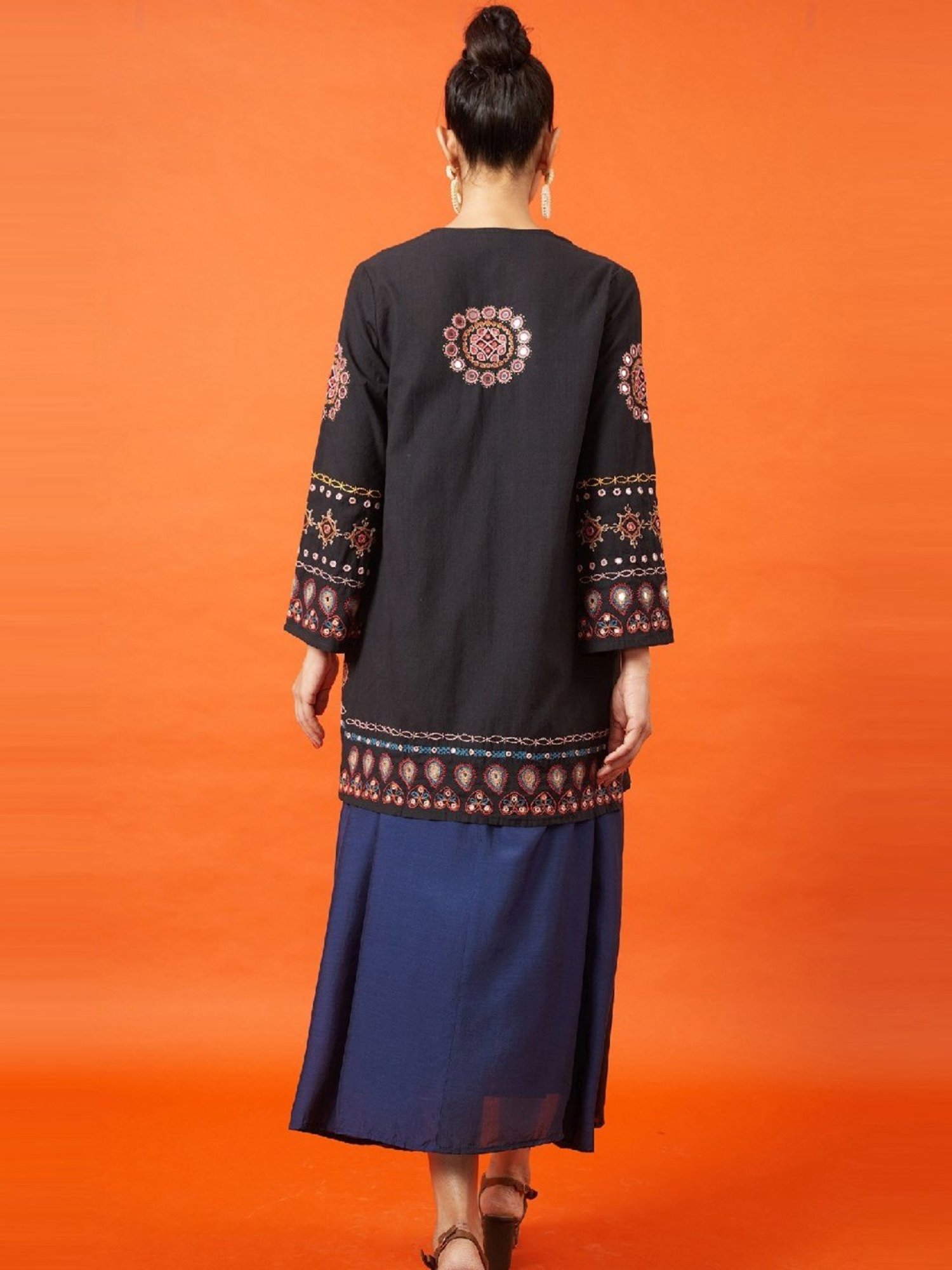 Okhai Maharani Black Pure Cotton Kutch Hand Embroidered Long Jacket