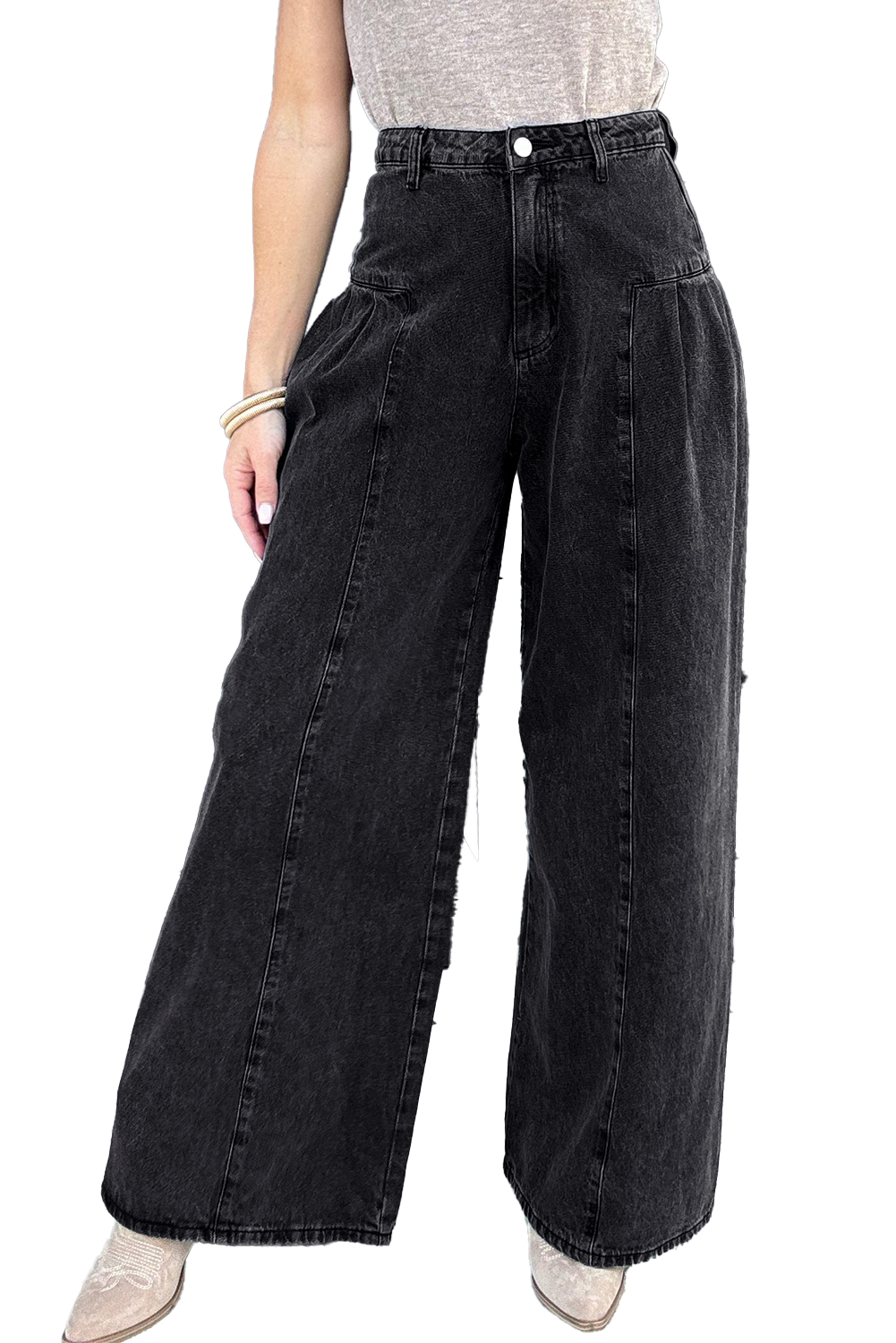 Dark Grey Pleated Wide Leg Mineral Wash Jeans