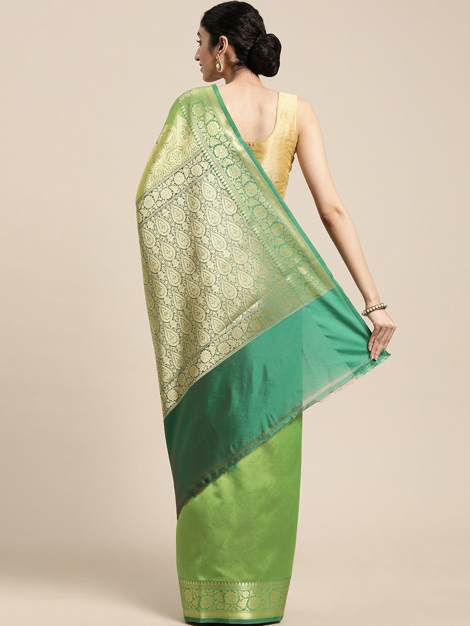 Banarasi Silk Works Green Silk Woven Saree With Unstitched Blouse