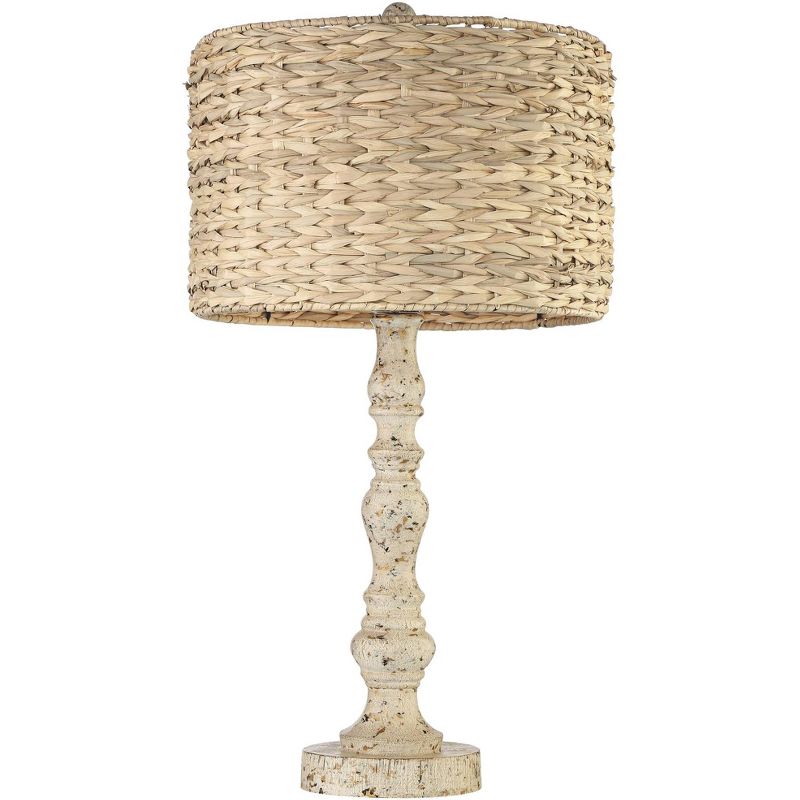 John Timberland Country Cottage Table Lamp Distressed Antique White Candlestick Rattan Drum Shade for Living Room Bedroom Bedside