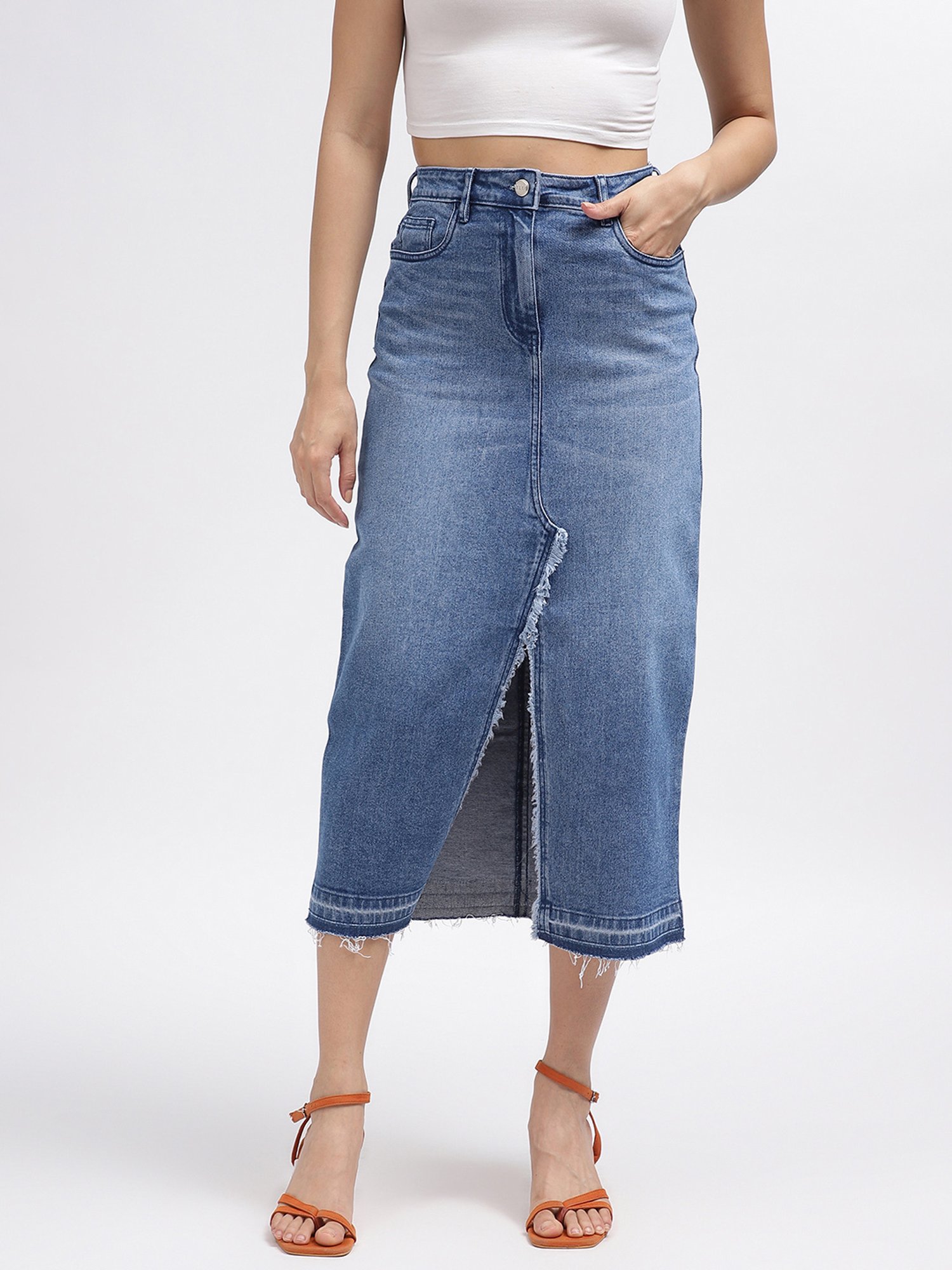 Elle Blue Cotton Midi Skirt