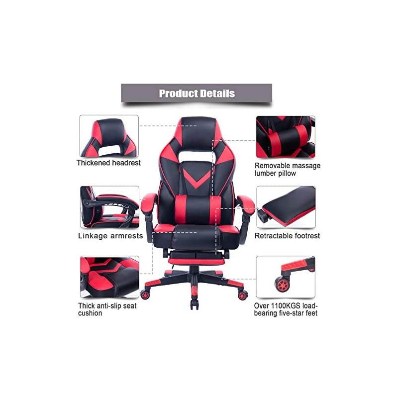 Gaming Chair Racing Office Chair - Adjustable Lumbar Cushion, Retractable Footrest and Arms High Back Ergonomic Leather Computer Desk Chair