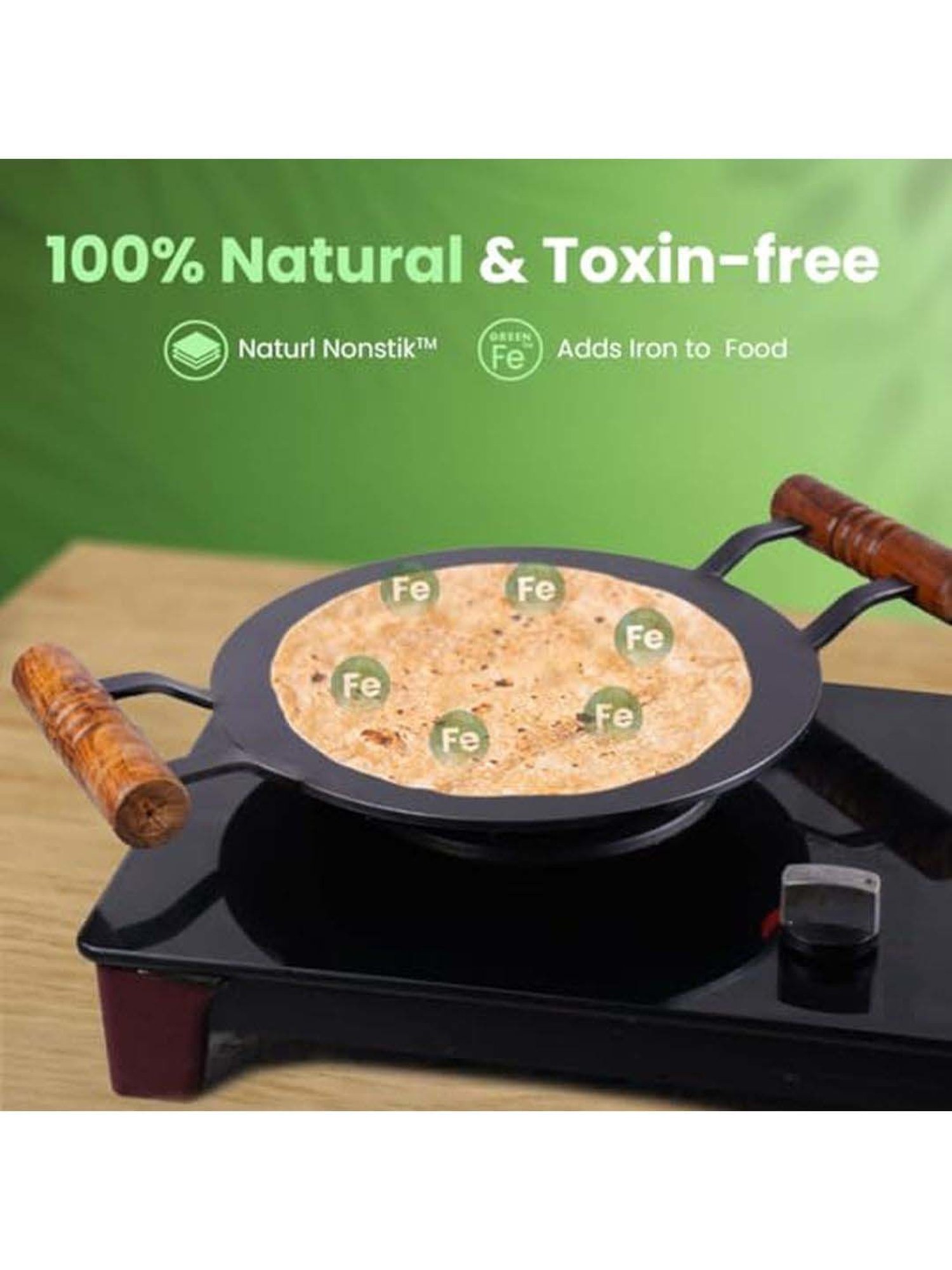 The Indus Valley Black Iron Induction Friendly 30.4cm Round Tawa With Wooden Handle