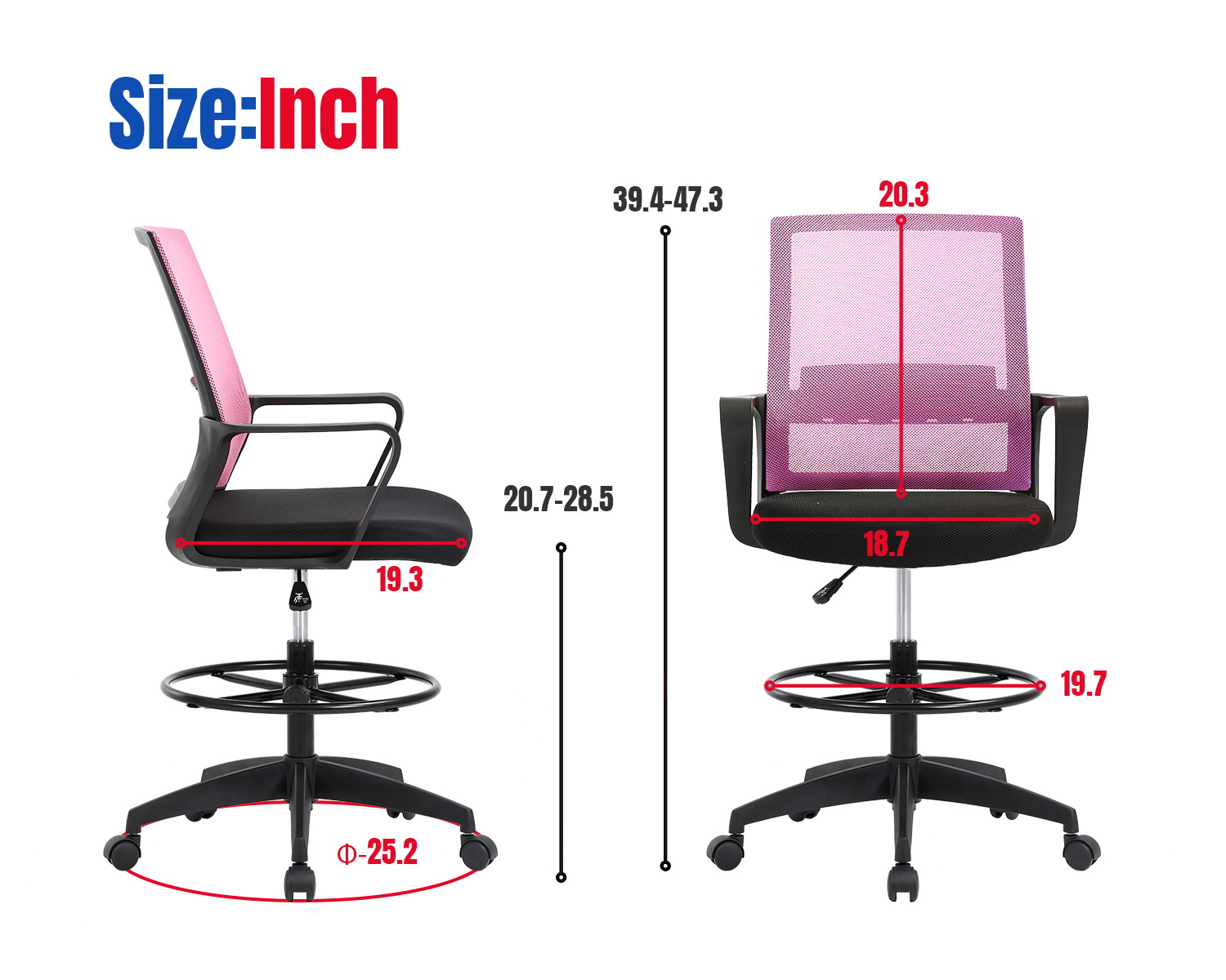 Drafting Chair Tall Office Chair Computer Chair Adjustable Height with Lumbar Support Arms Footrest Mid Back Task Desk Chair Swivel Rolling Mesh Drafting Stool for Adults Women Girls(Pink)