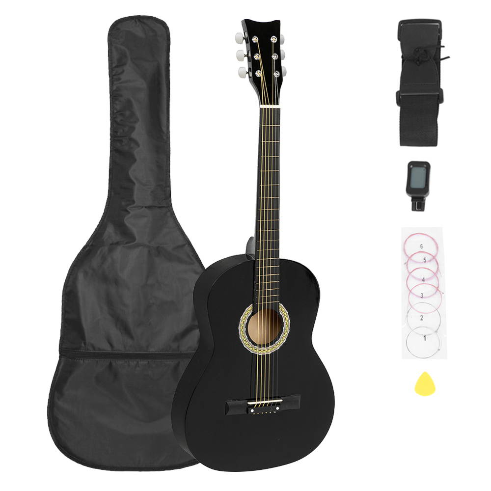 38 inch Folk Guitar with Bag & Board &Belt & Liquid Crystal Tuner & Strings Set Black