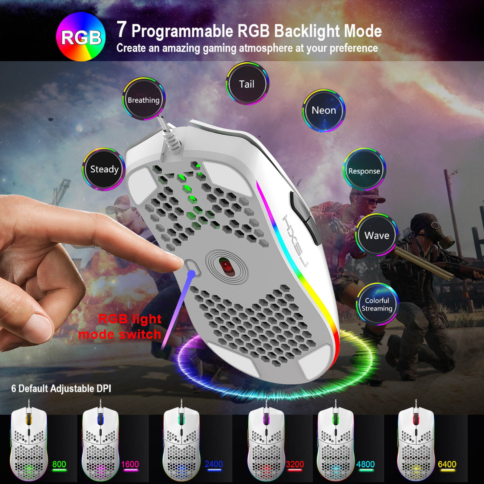 RGB Gaming Mouse with Honeycomb Shell, Ultraweave Cable, 6400 DPI Optical Programmable Wired Mouse