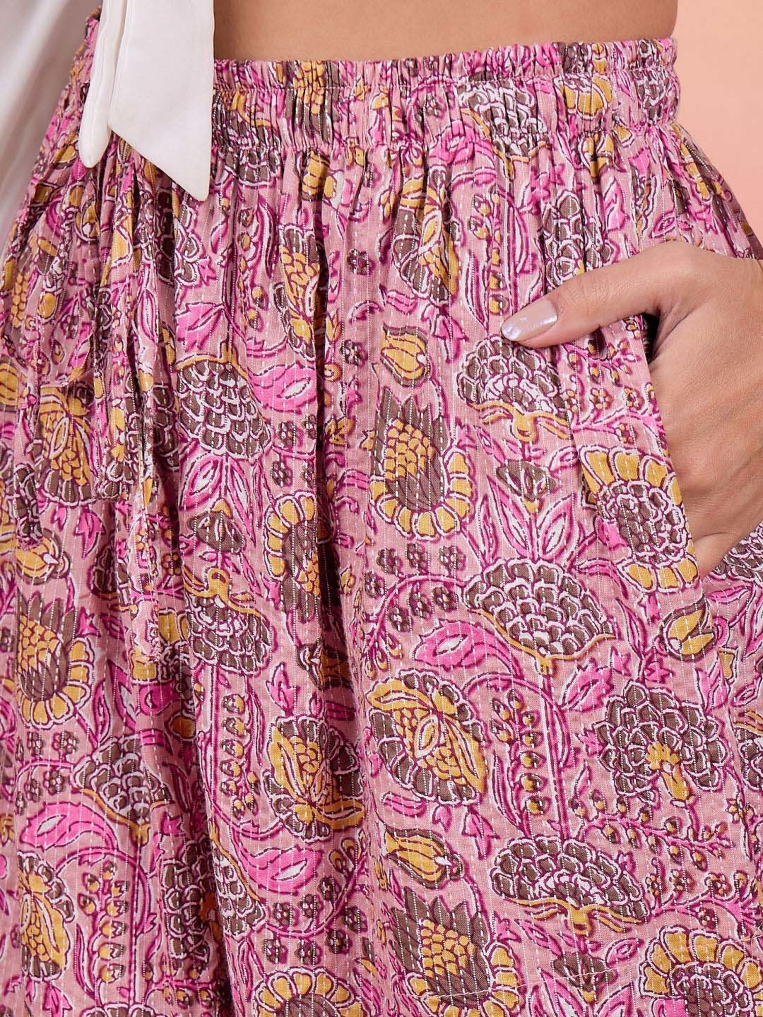 Inweave Pink Cotton Floral Print Dhoti Pants