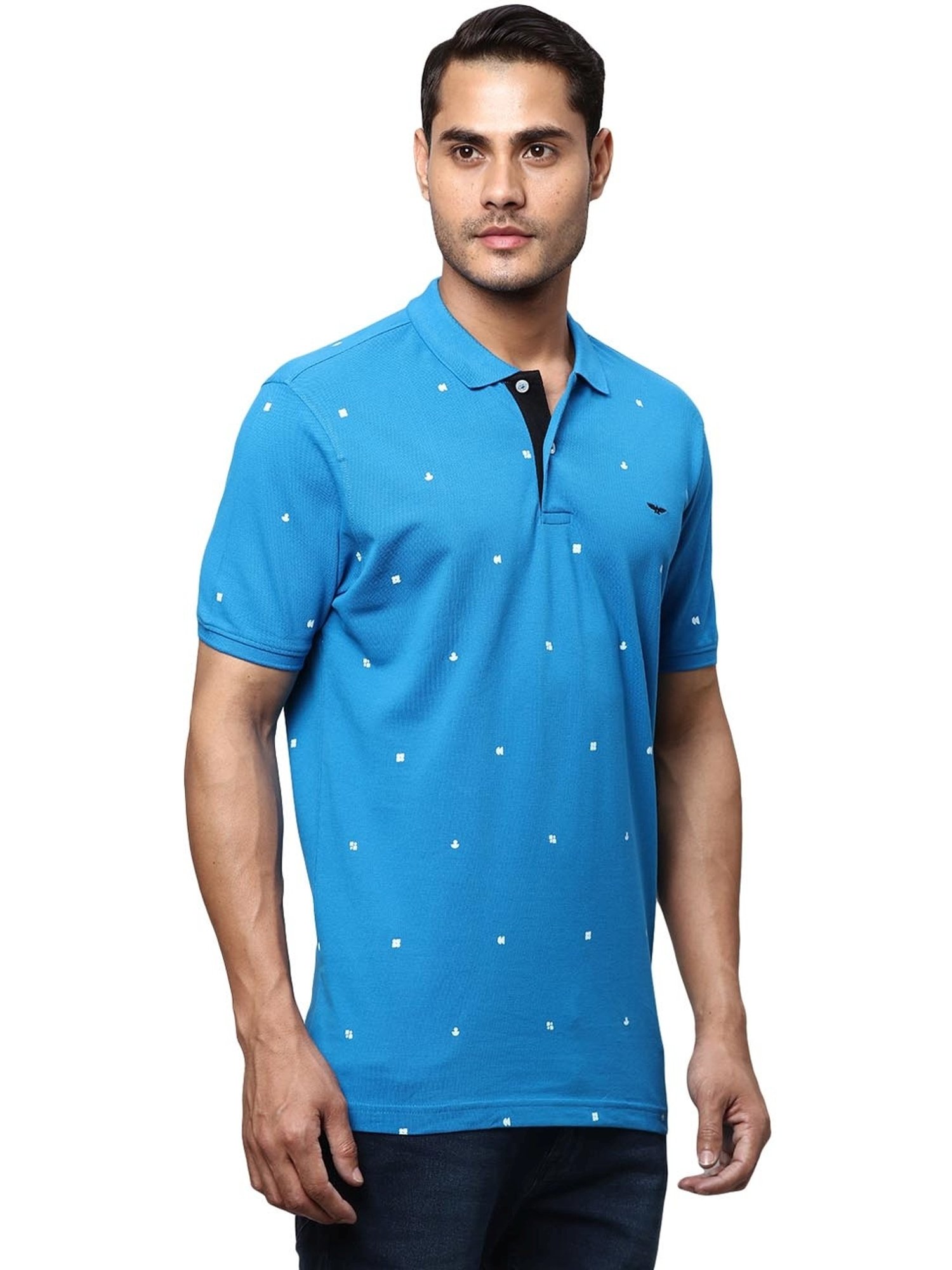 Park Avenue Blue Cotton Slim Fit Printed Polo T-Shirt