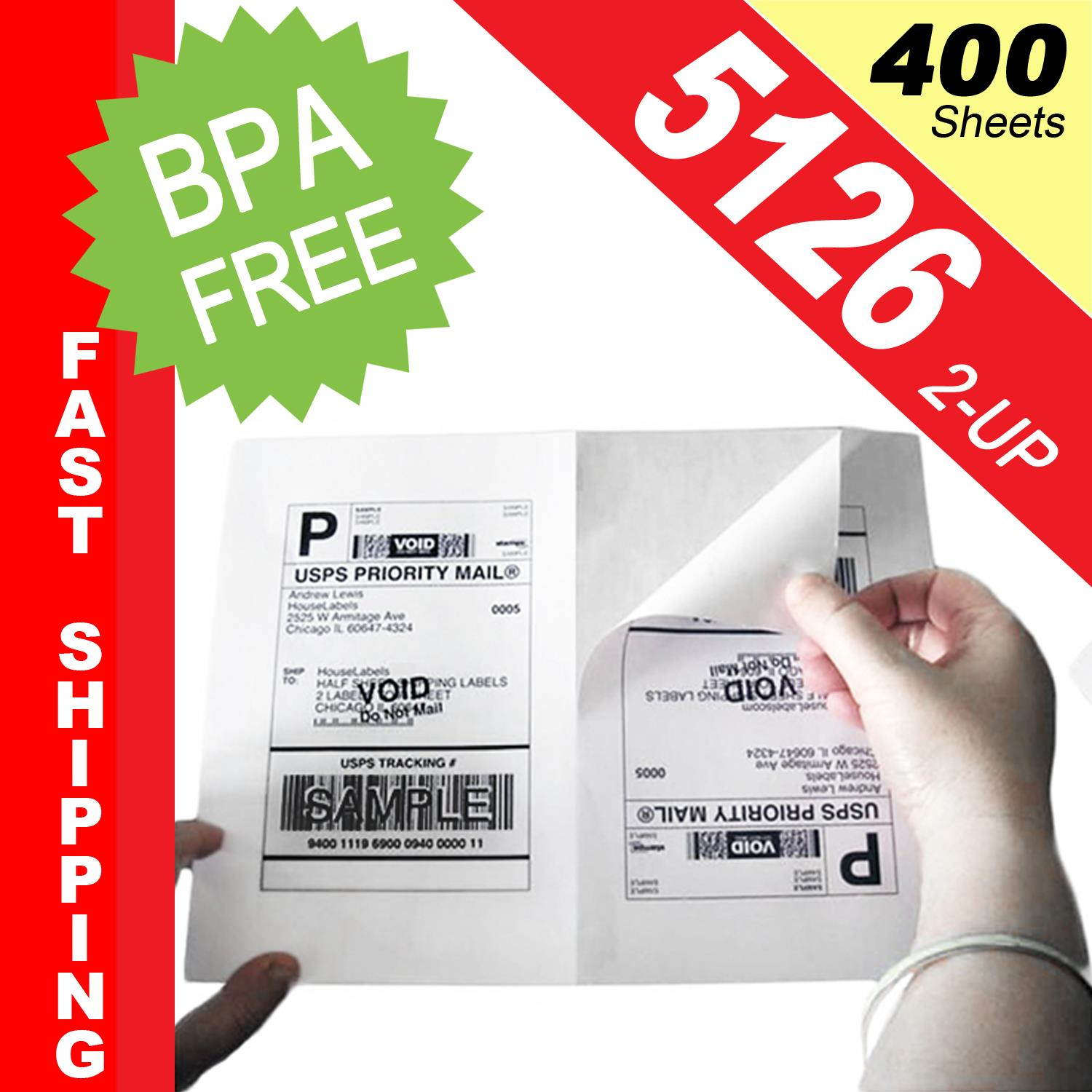 (400 Sheets; 800 Labels), Same Size as Avery&copy; 5126, 2-UP, Half Sheet Internet Postage/Shipping Labels (5-1/2" x 8-1/2") -- BPA Free!