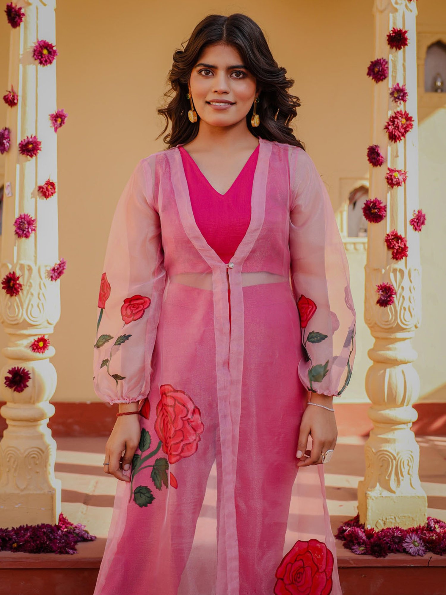 Thread and Button Organza Mishika Pink Rose Handpainted 3 Piece