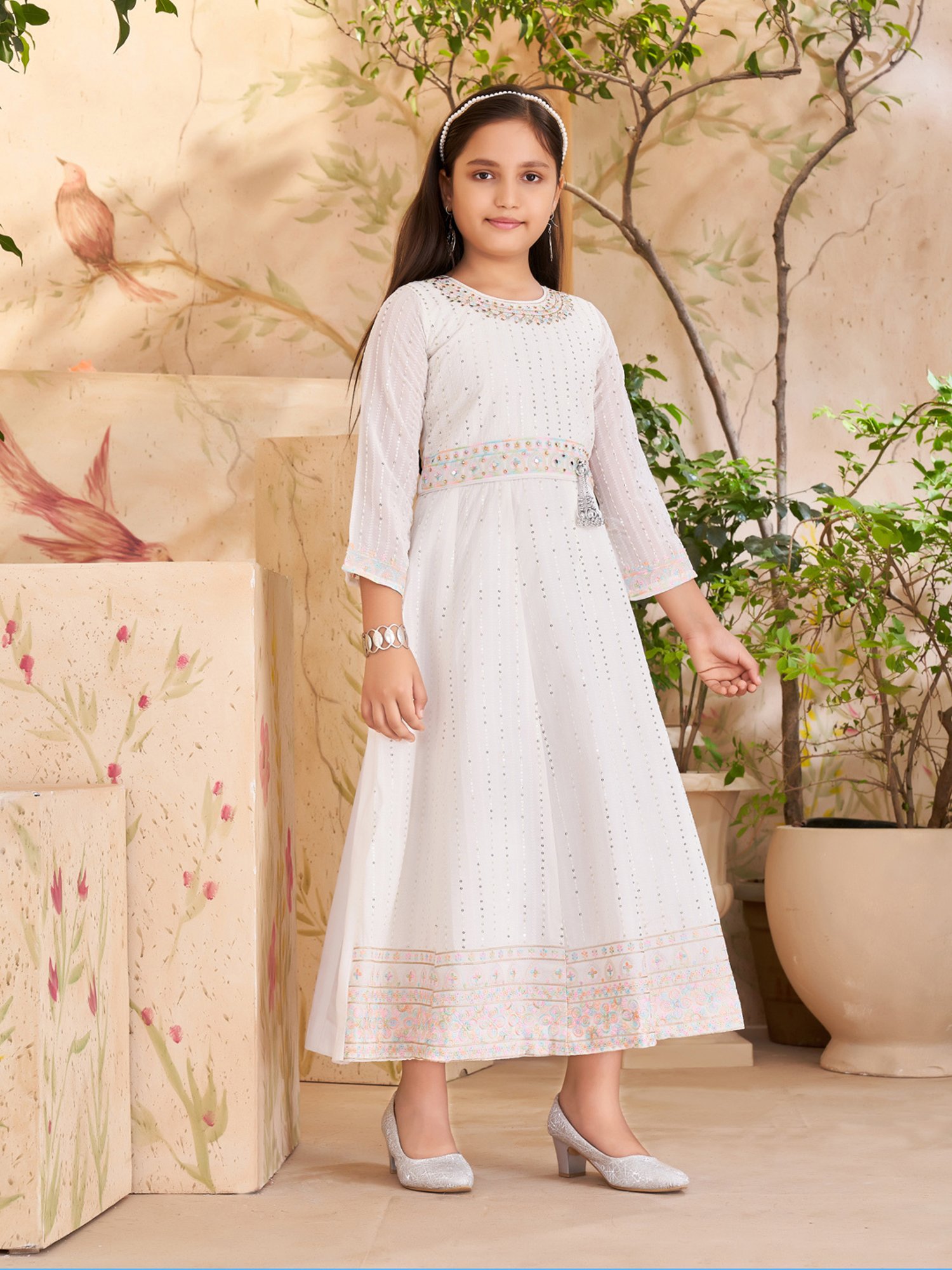 Aarika Girls Cream Embellished Gown