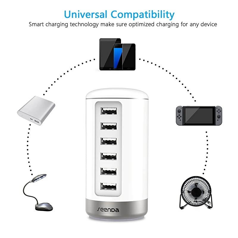 USB Wall Charger, USB Phone Charger - 6-Port Multi USB Charger with Smart Identification - White