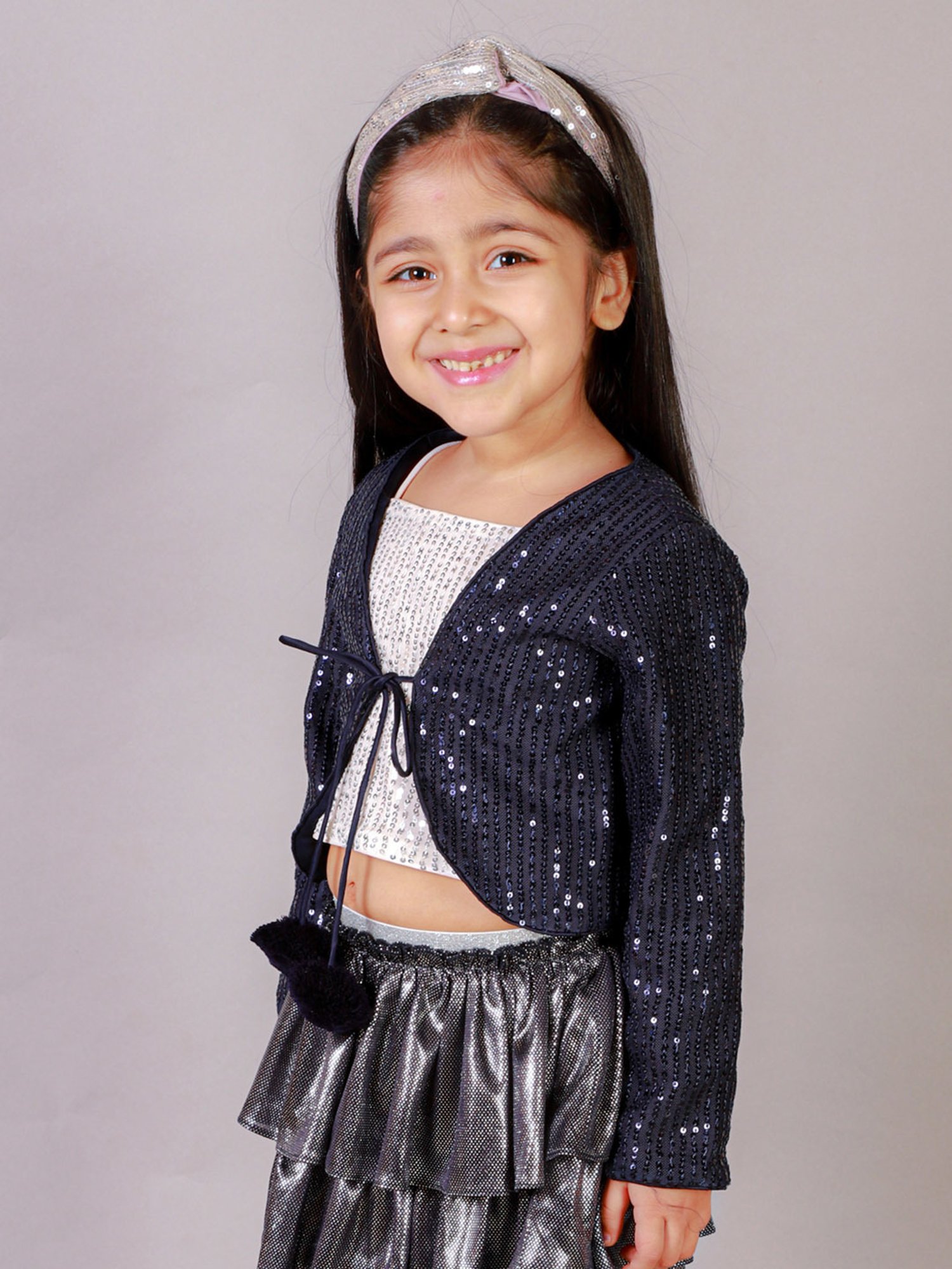 Lil Drama Kids Navy Embellished Sleeves Shrug