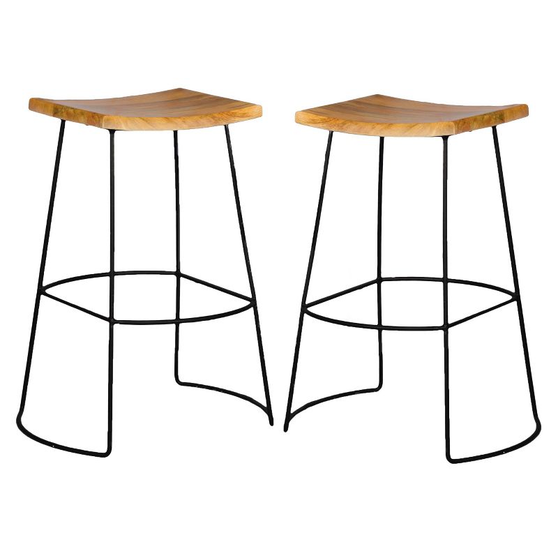 Wooden Barstool with Padded Seat and Open Backrest Blue/Brown - Benzara