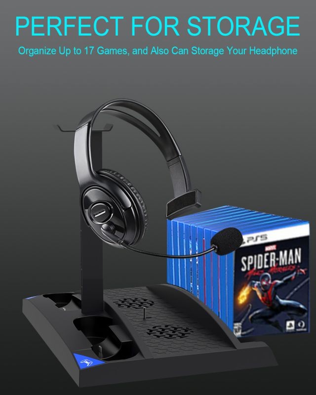 PS5 Vertical Stand with Cooling Fan Station Base & Headset Holder for Playstation 5 Console Disc Edition & Digital Edition with 2 Controllers Charger & 17 Game Disc Slots Organizer &1 Headphone Stand