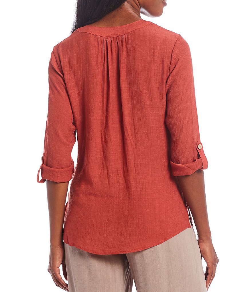 I.N. Studio Solid Gauzy Texture 3/4 Roll-Tab Sleeve Button Down Shirt