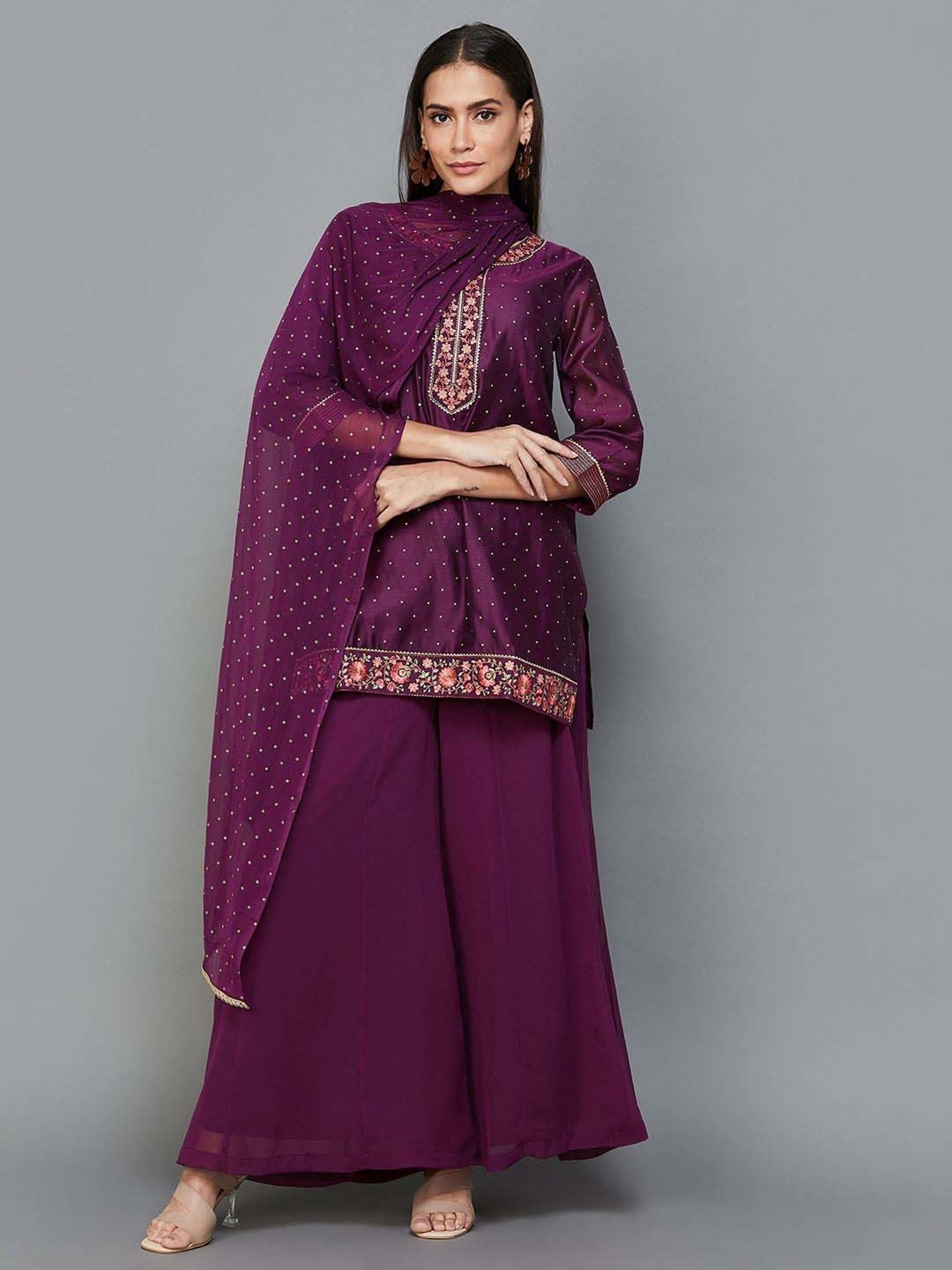 Melange by Lifestyle Wine Embellished Kurti Palazzo Set With Dupatta