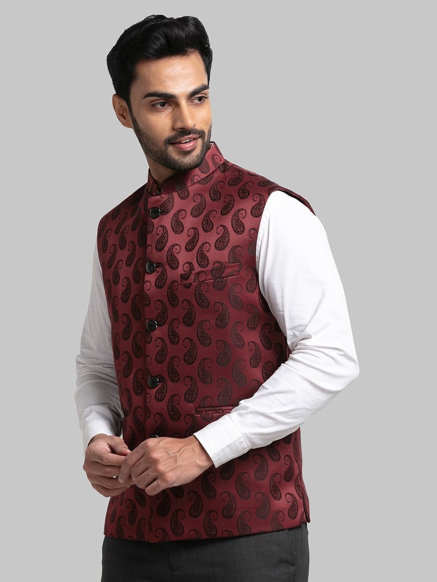 Raymond Maroon Regular Fit Printed Nehru Jacket