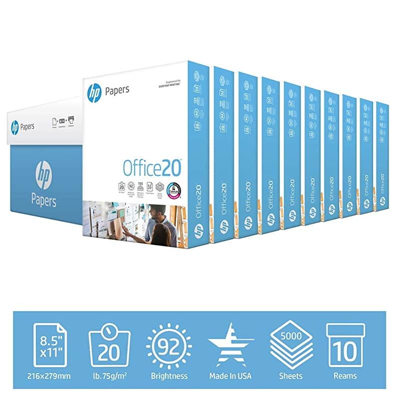 Printer Paper 85x11 Office 20 lb 10 Ream Case 5000 Sheets 92 Bright Made in USA FSC Certified Copy Paper Compatible 112101C