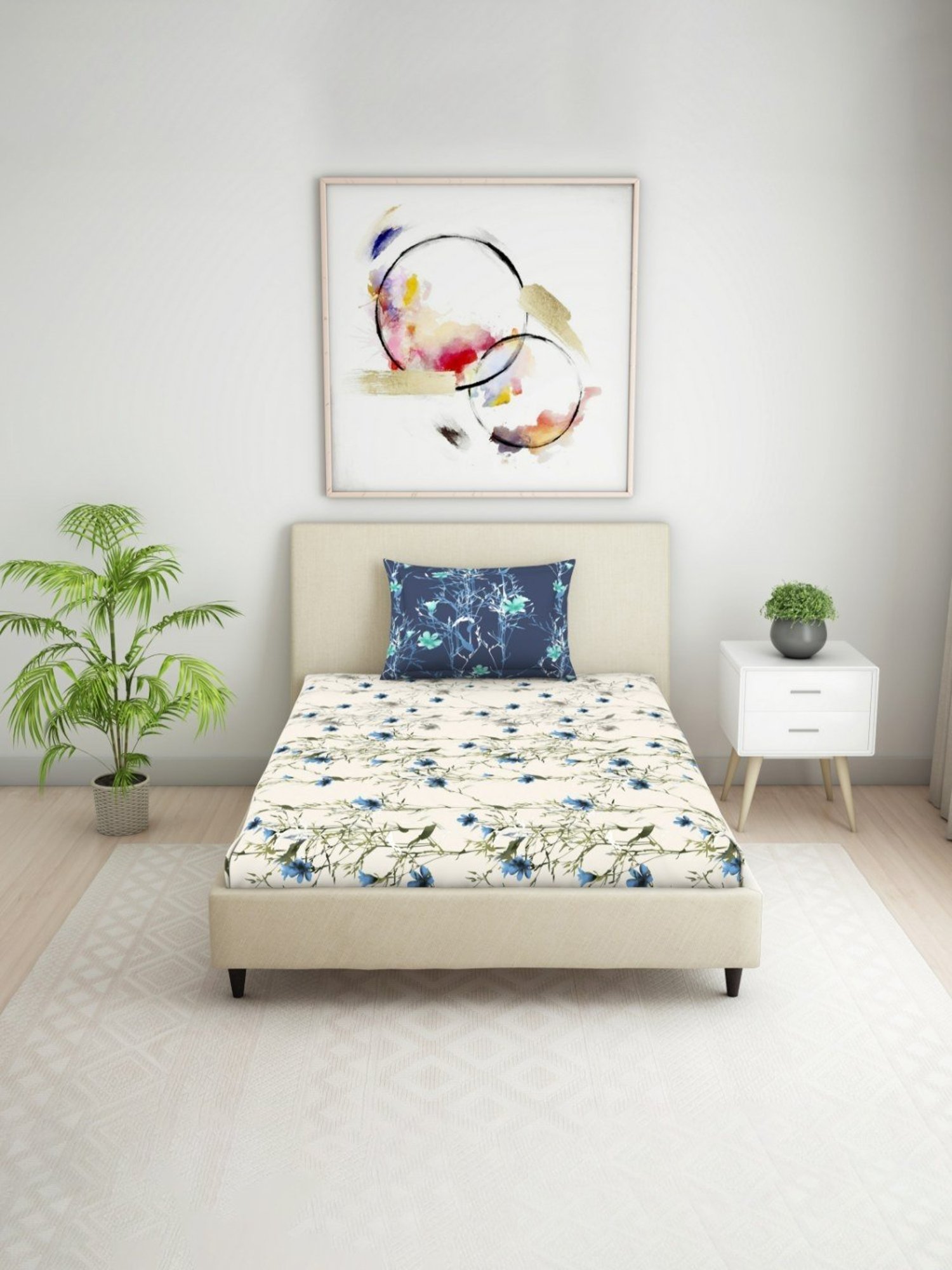 Welspun Blue 144 TC Cotton Single Bed Sheet with 1 Pillow Cover