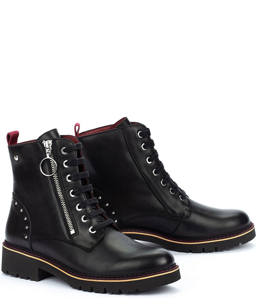 Pikolinos Vicar Wov Studded Block Heel Lug Sole Combat Boots