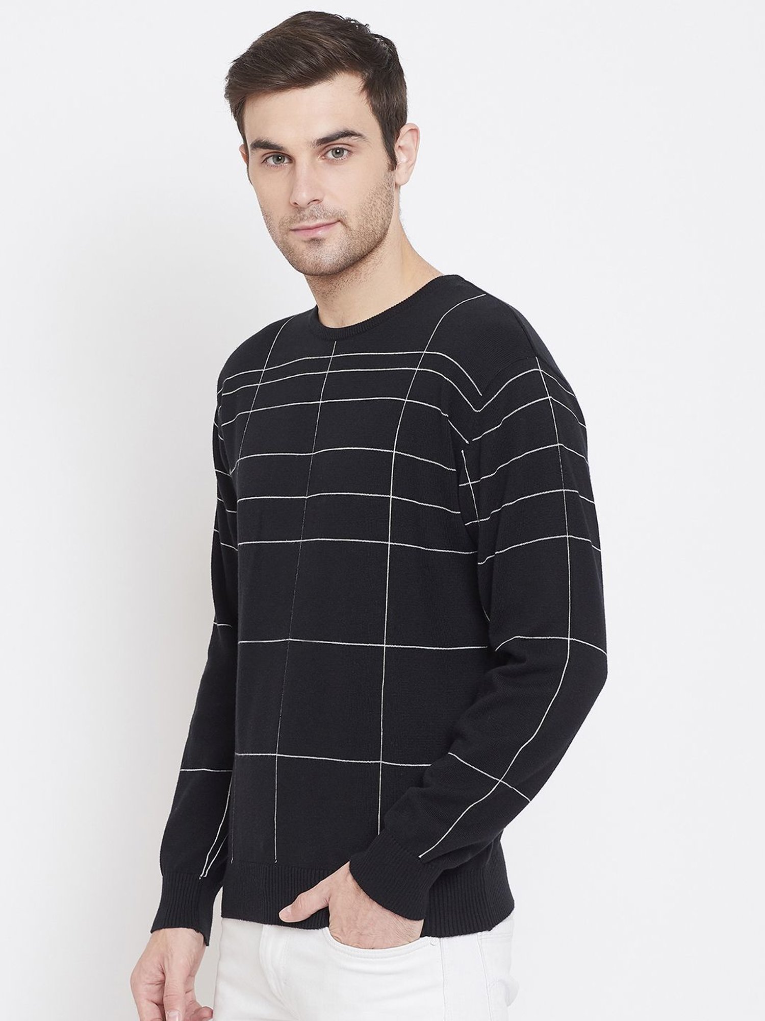Crimsoune Club Black Cotton Slim Fit Checks Sweater