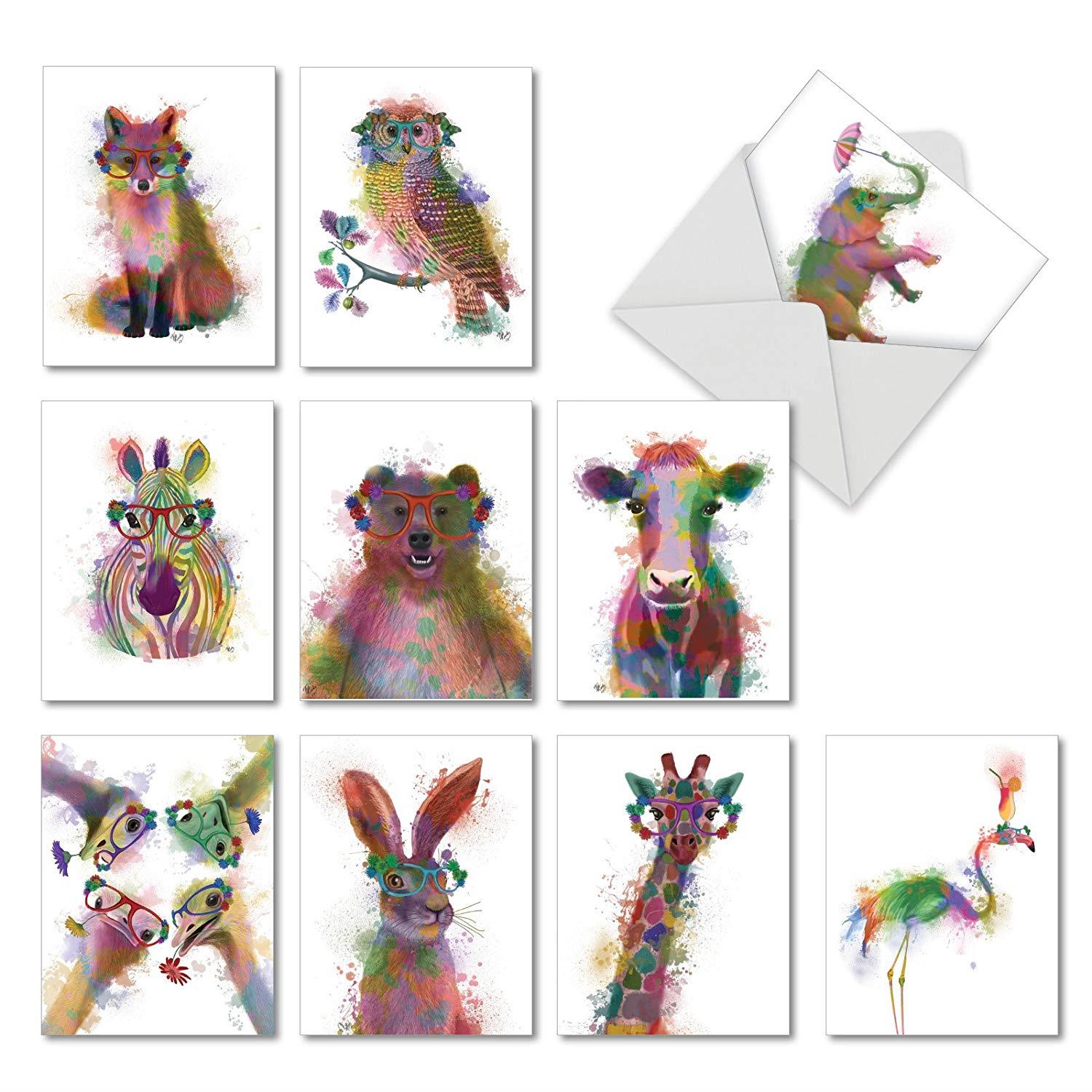 Funky Rainbow Wildlife: 10 Assorted Thank You Greeting Cards With Hipster-Like Images of Wildlife with Colorful Paint Splotches, with Envelopes. AM4948TYG-B1x10