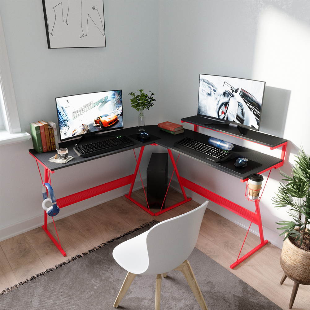 Bestier 55.2" Gaming Desk Racing Style PC Computer Desk L-Shaped Desk Corner Home Office Table with Ergonomic Monitor Stand & RGB Strip Light & Multifunctional Hook (Black Carbon Fiber)
