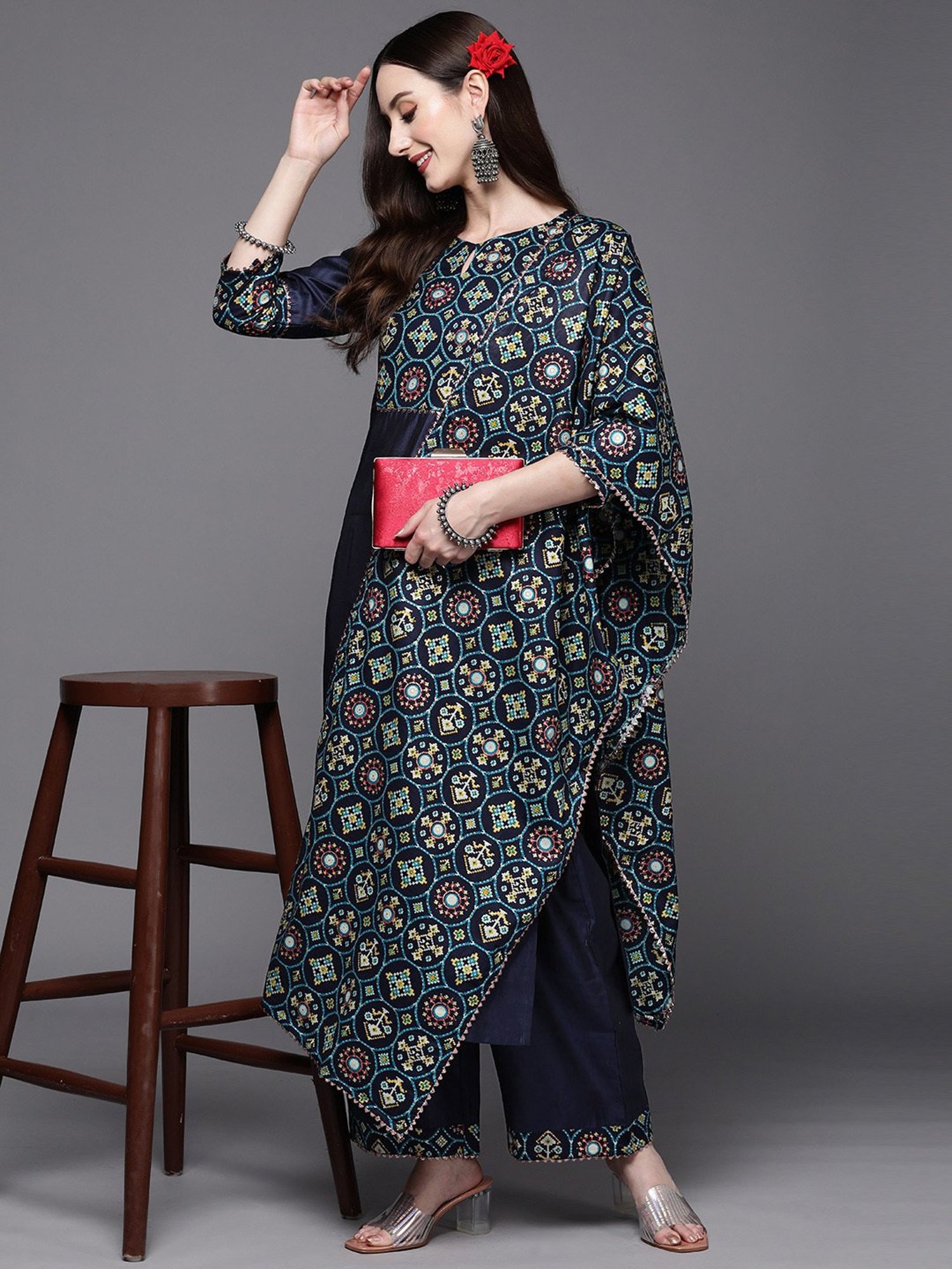 Indo Era Navy Printed Kurta Palazzo Set With Dupatta