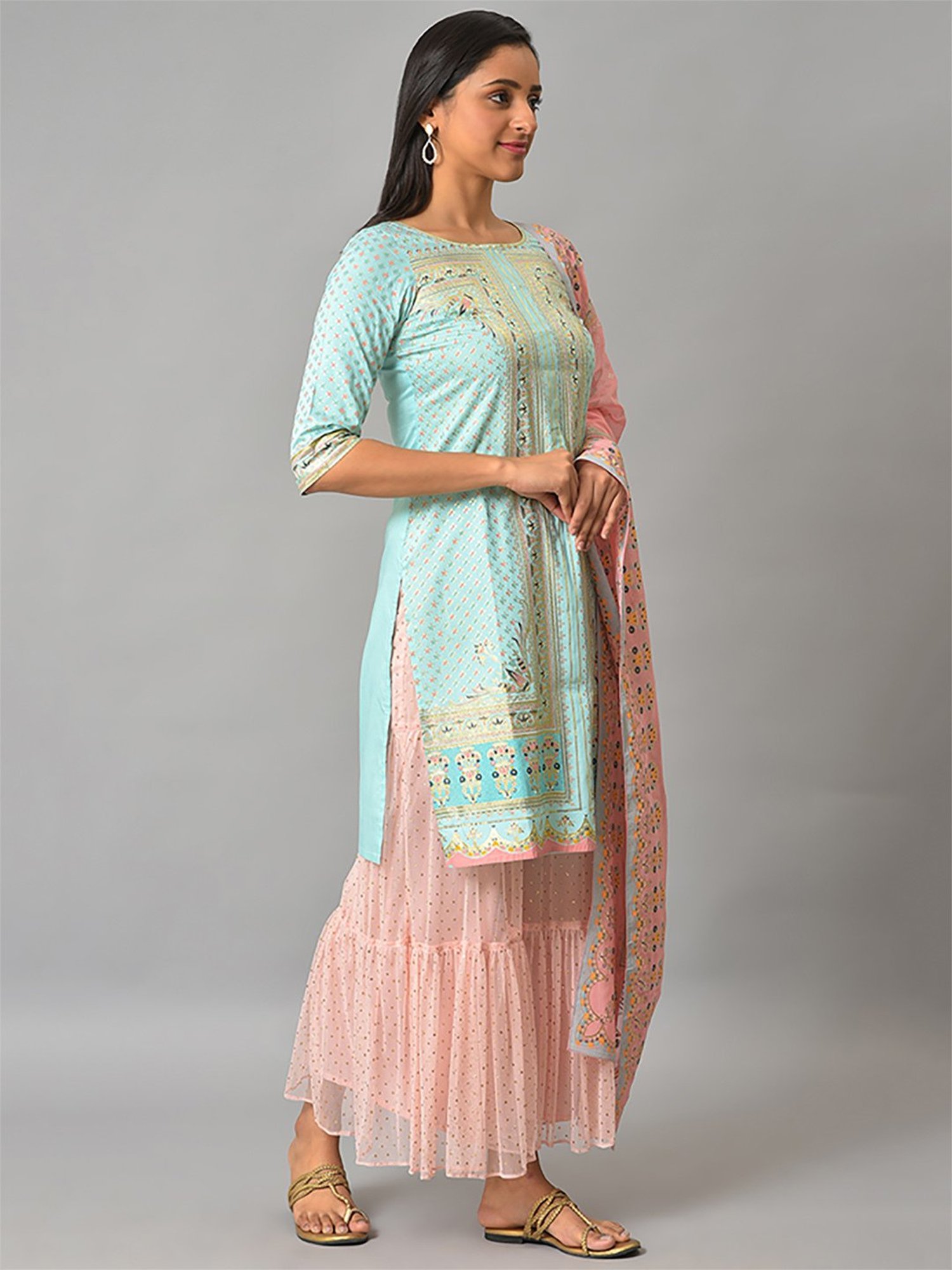 Aurelia Women Blue Floral Print Viscose Kurta Set with Sharara & Dupatta