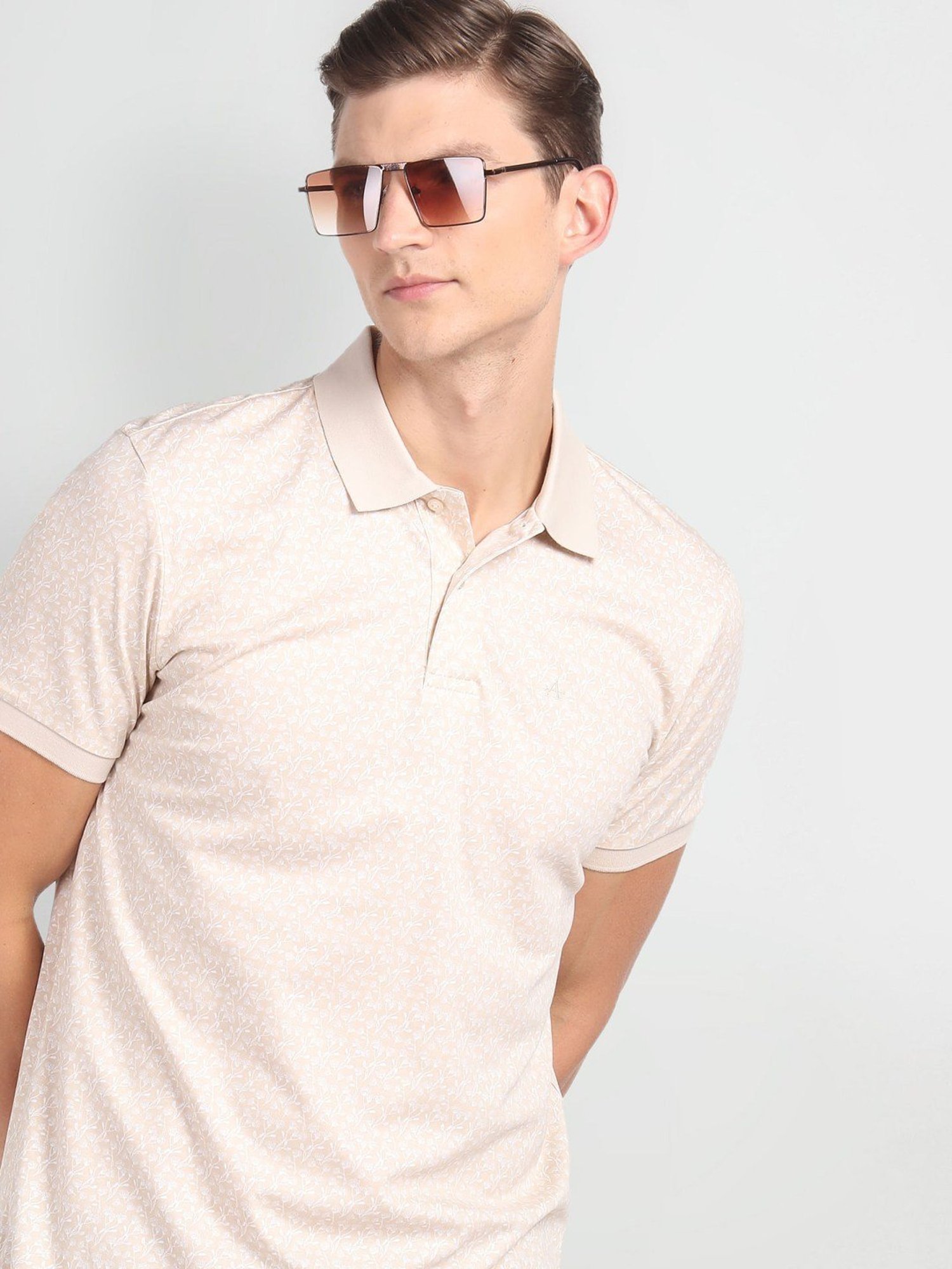 Arrow Beige Cotton Regular Fit Printed Polo T-Shirt