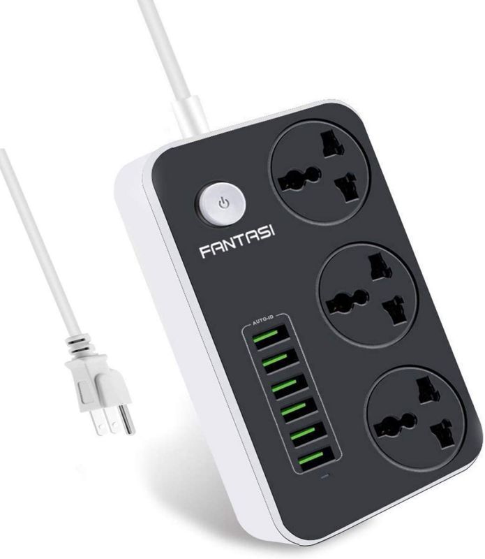 Power Strip with USB Ports Long Cord Universal Socket 3 Outlets Surge Protector 6 Quick USB (5V 3.4A 17W) Charging Station 6.5ft Power Cord 2500W Circuit Breaker Child Safe Door (Black)