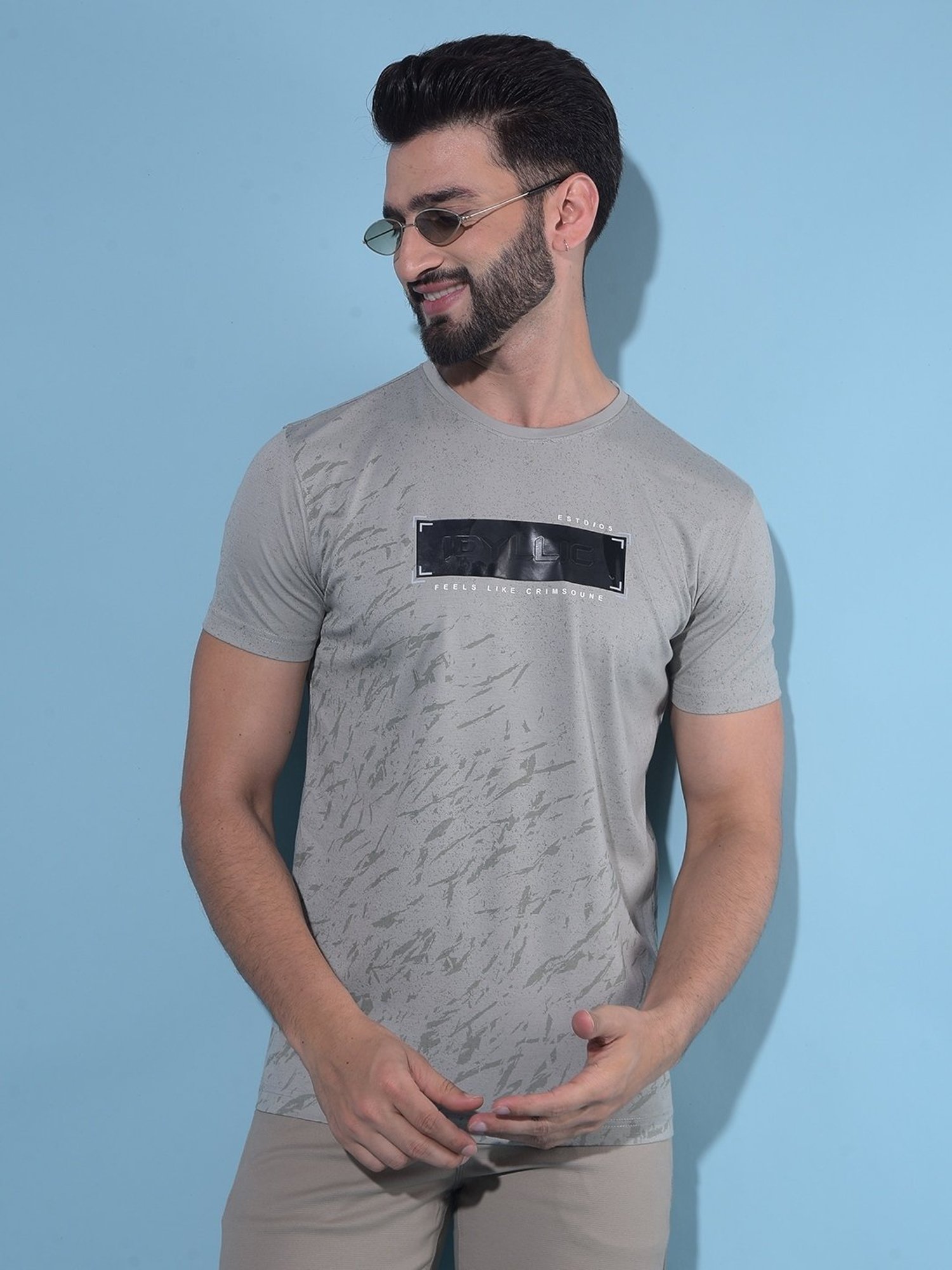 Crimsoune Club Grey Cotton Regular Fit Printed T-Shirt