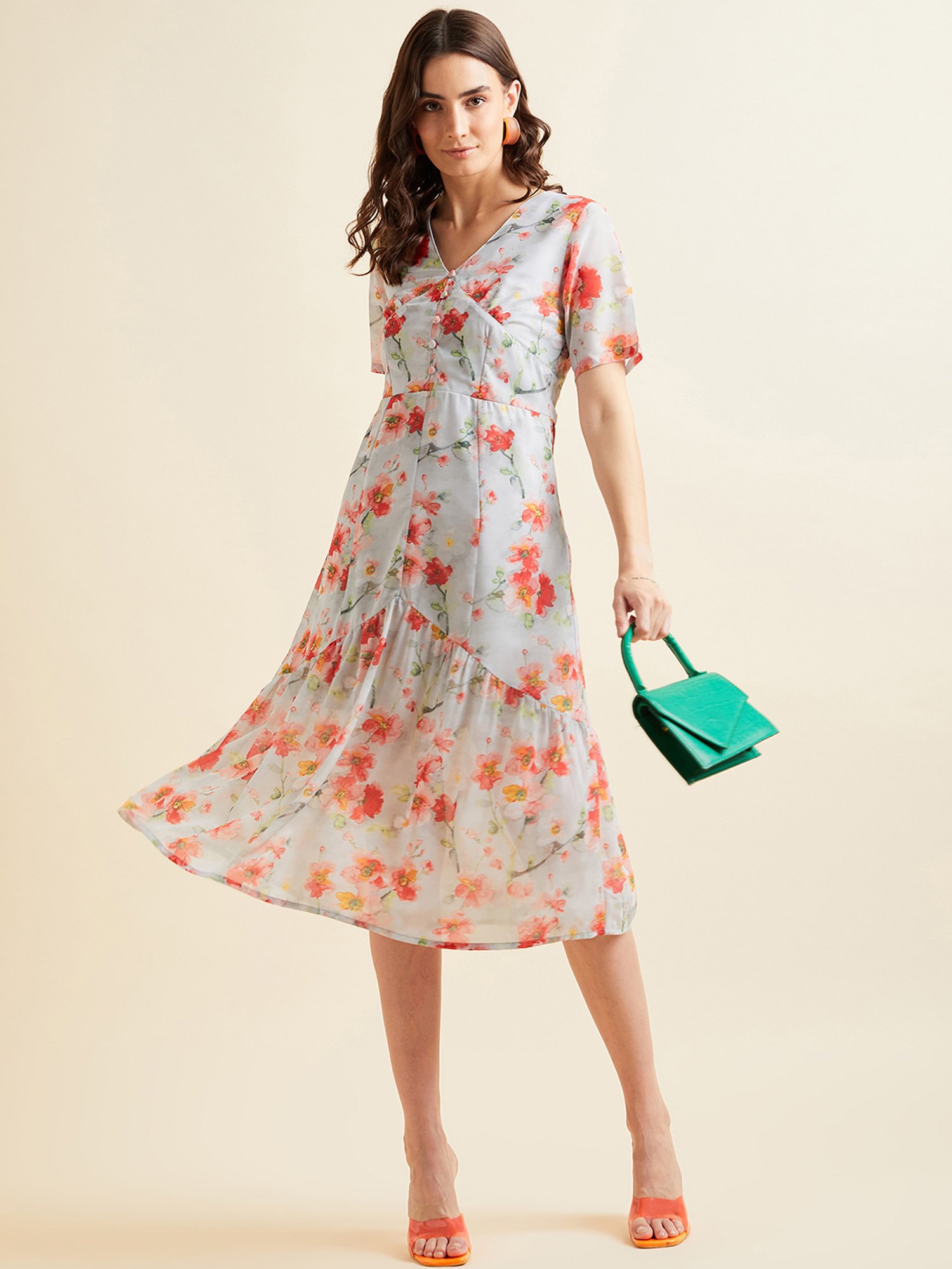 PANIT Grey Floral Print Ethnic Dress