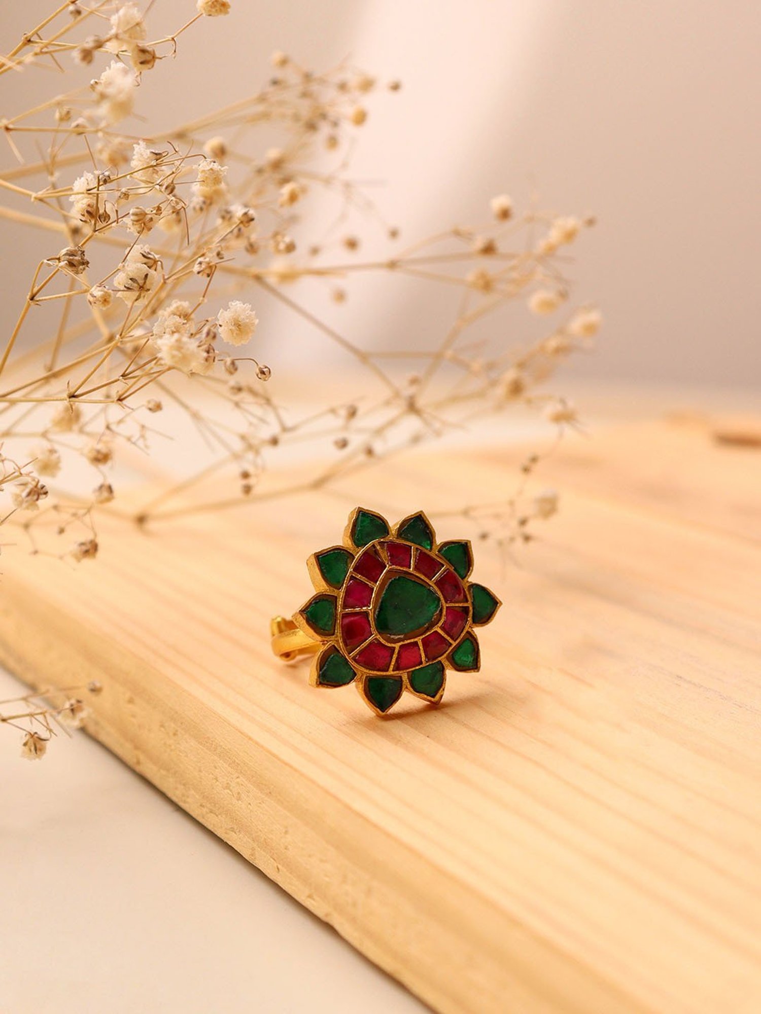 Curio Cottage Meira Lotus Jadau Green & Dark Pink Cocktail Ring