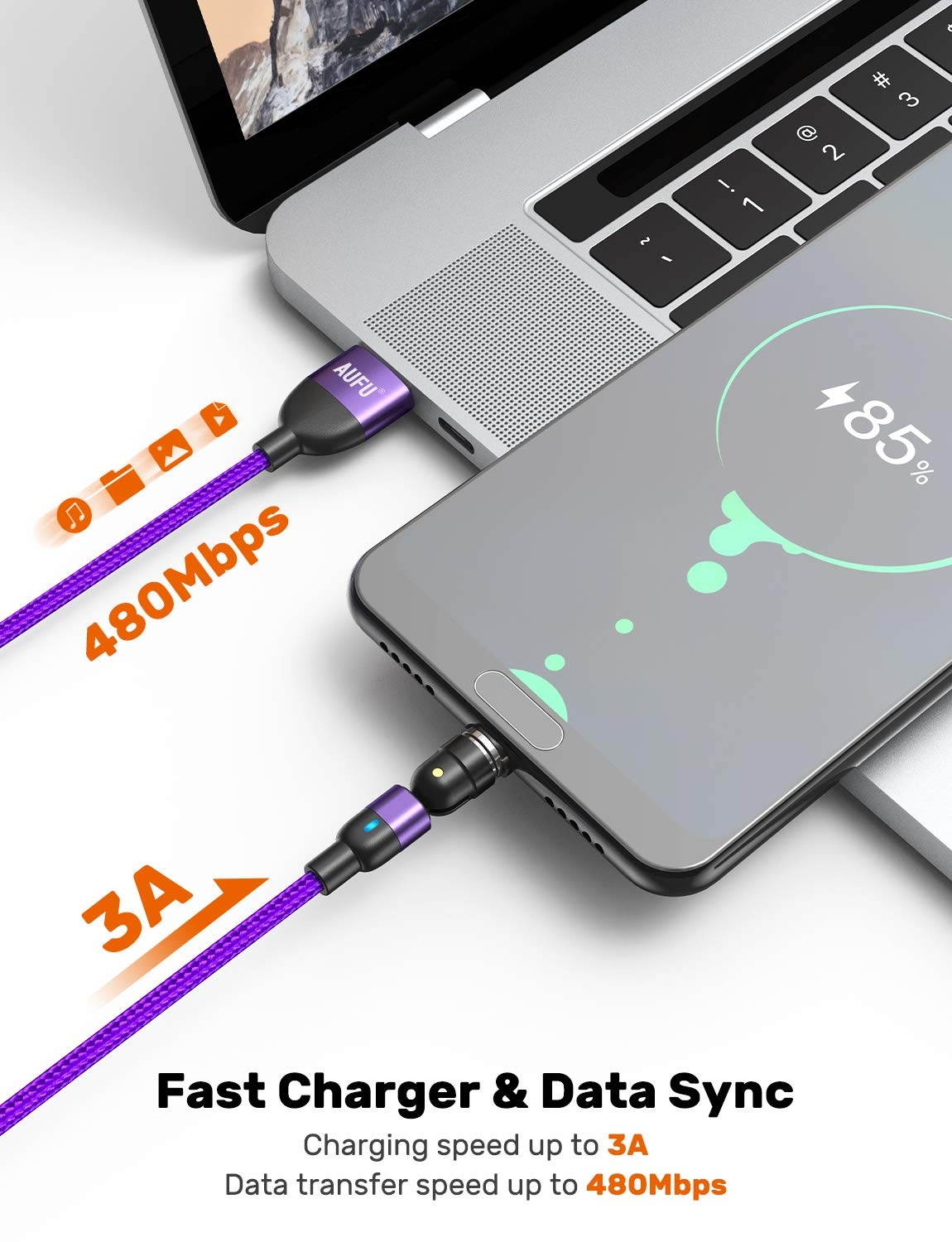 540 Degree Magnetic Charging Cable (3Pack-6.6ft/6.6ft/6.6ft) AUFU Magnetic Phone Charger USB Magnetic Cable 3A Fast Charging Data Sync Nylon Braided USB Cord Cable for Micro USB Type C iProduct