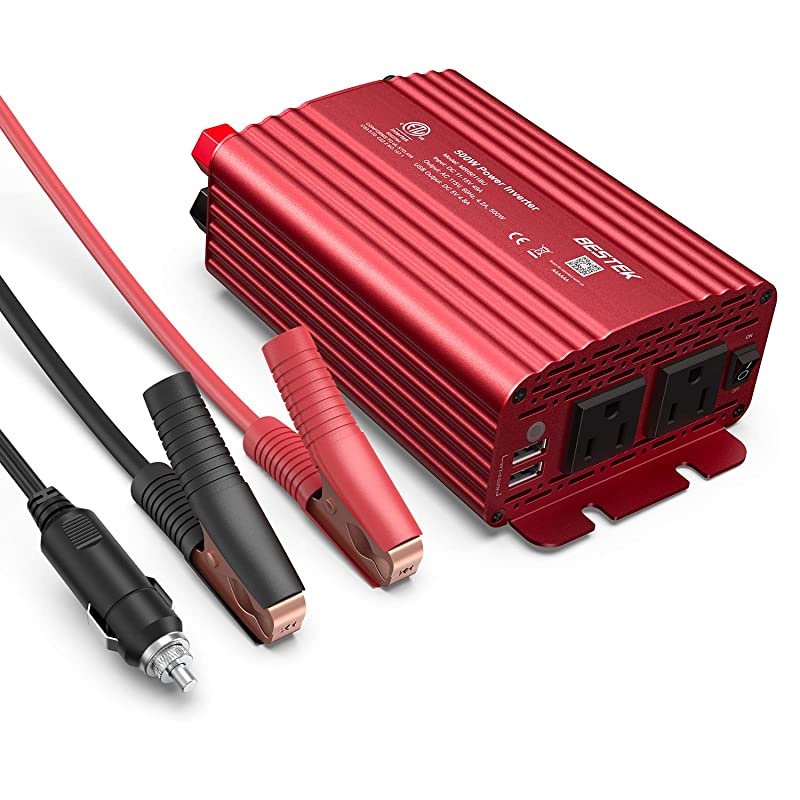 500W Power Inverter DC 12V to 110V AC Converter with Alligator Battery Clamp 48A Dual USB Car Charger ETL Listed