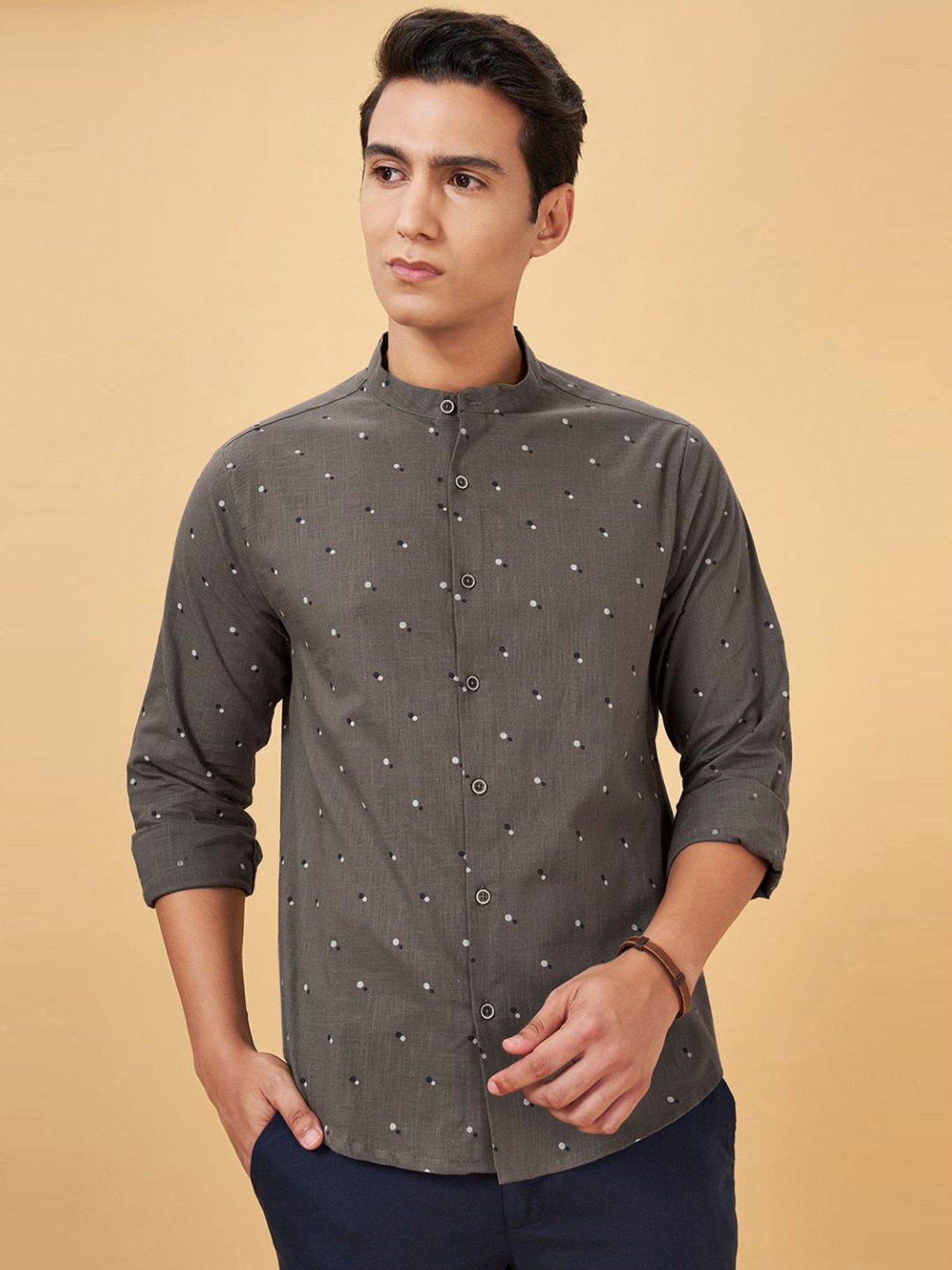 Indus Route By Pantaloons Steel Gray Regular Fit Printed Shirt